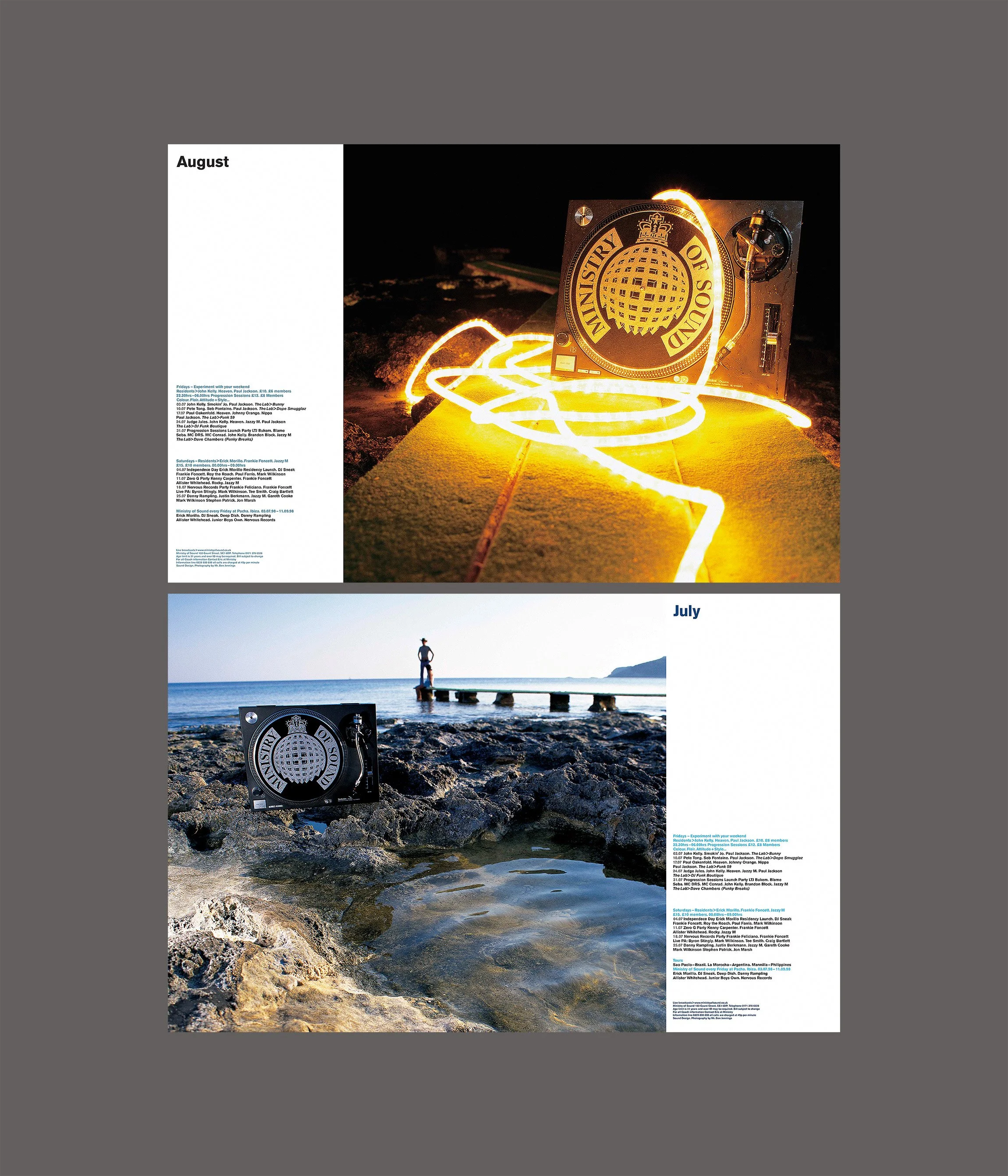 A calendar page featuring two photographs, the top showing a turntable with the Ministry of Sound logo illuminated at night, and the bottom showing a person at the beach with the same logo on a portable speaker, over a blue sea and rocky shoreline in daylight.