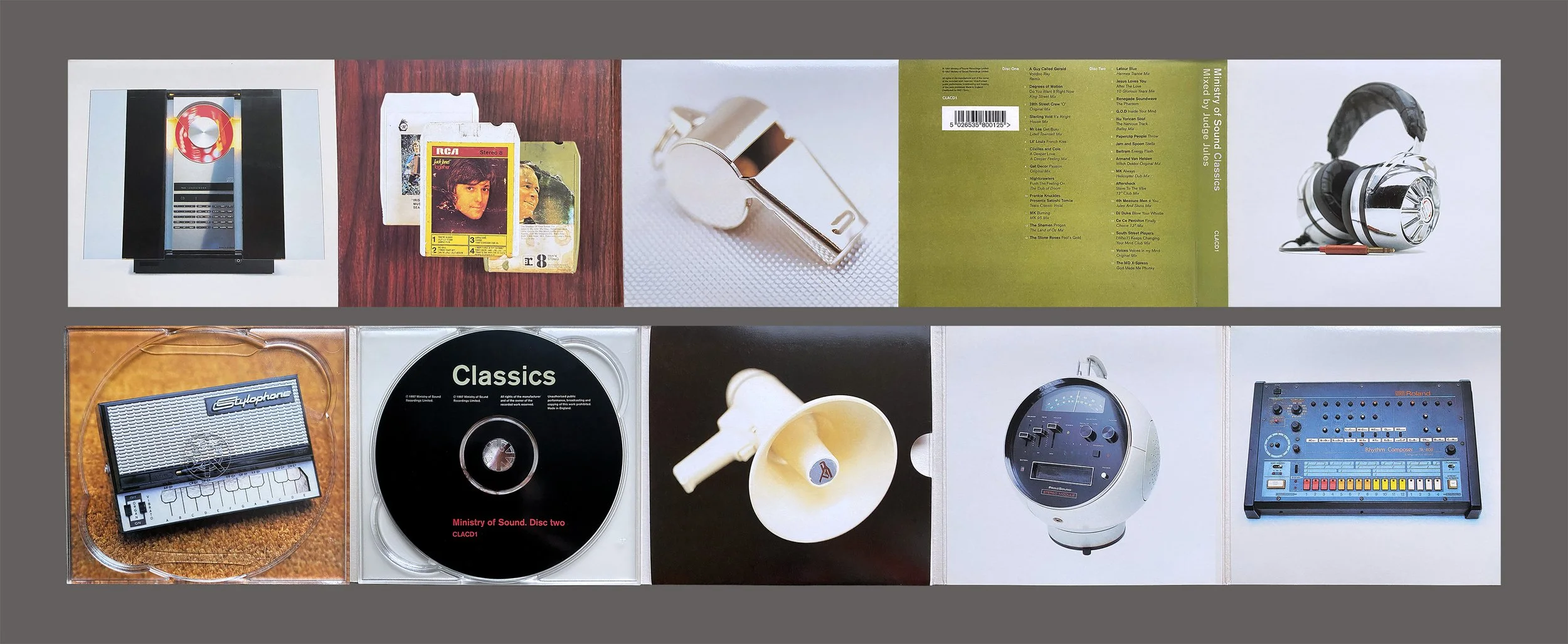 A collection of vintage sound equipment and accessories, including headphones, a vintage radio, a cassette tape, a CD, a megaphone, and a drum machine.