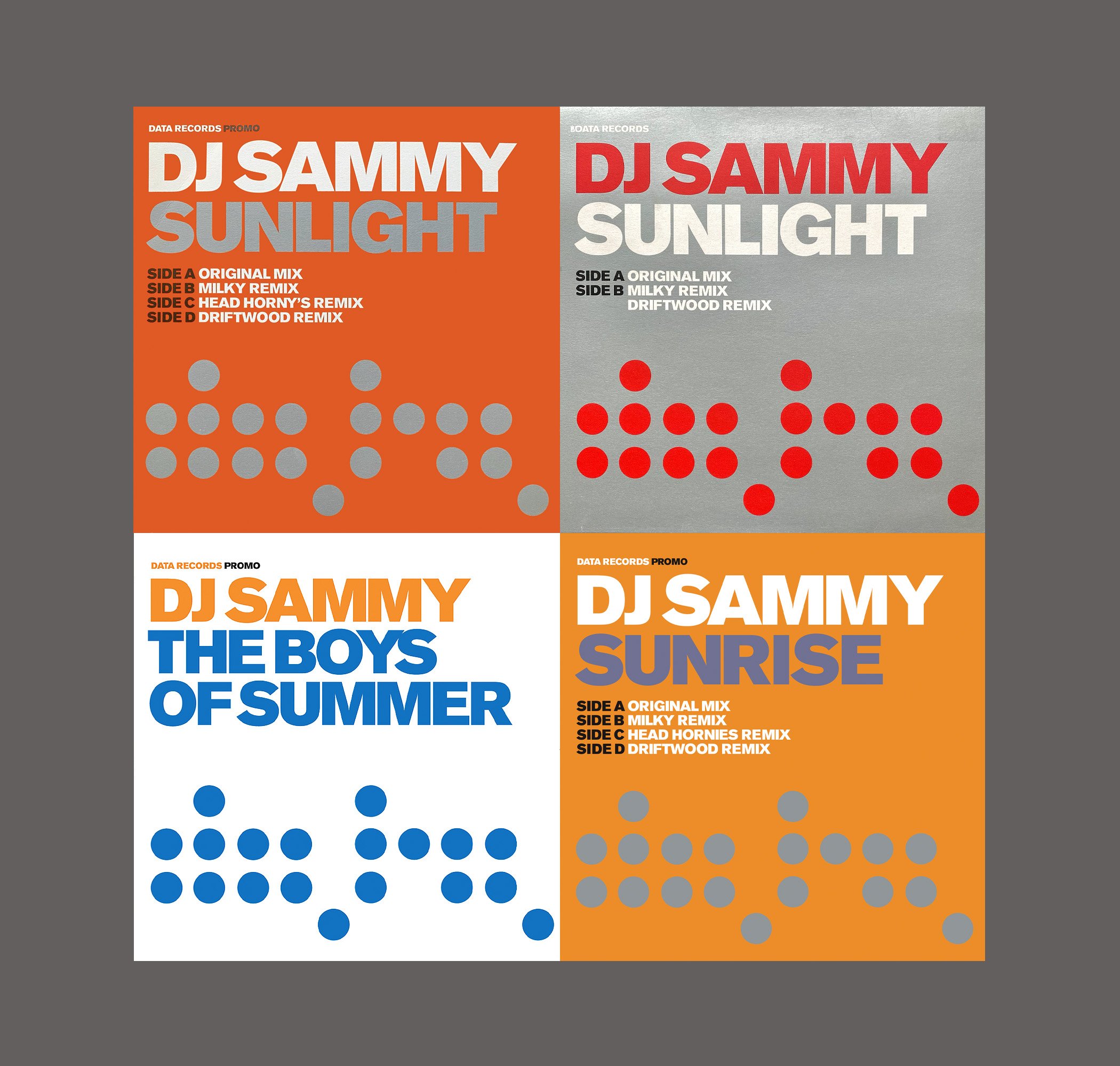 Four vinyl record covers featuring DJ Sammy albums titled 'Sunlight', 'The Boys of Summer', and 'Sunrise' with colorful text, dot patterns, and track information on each cover.