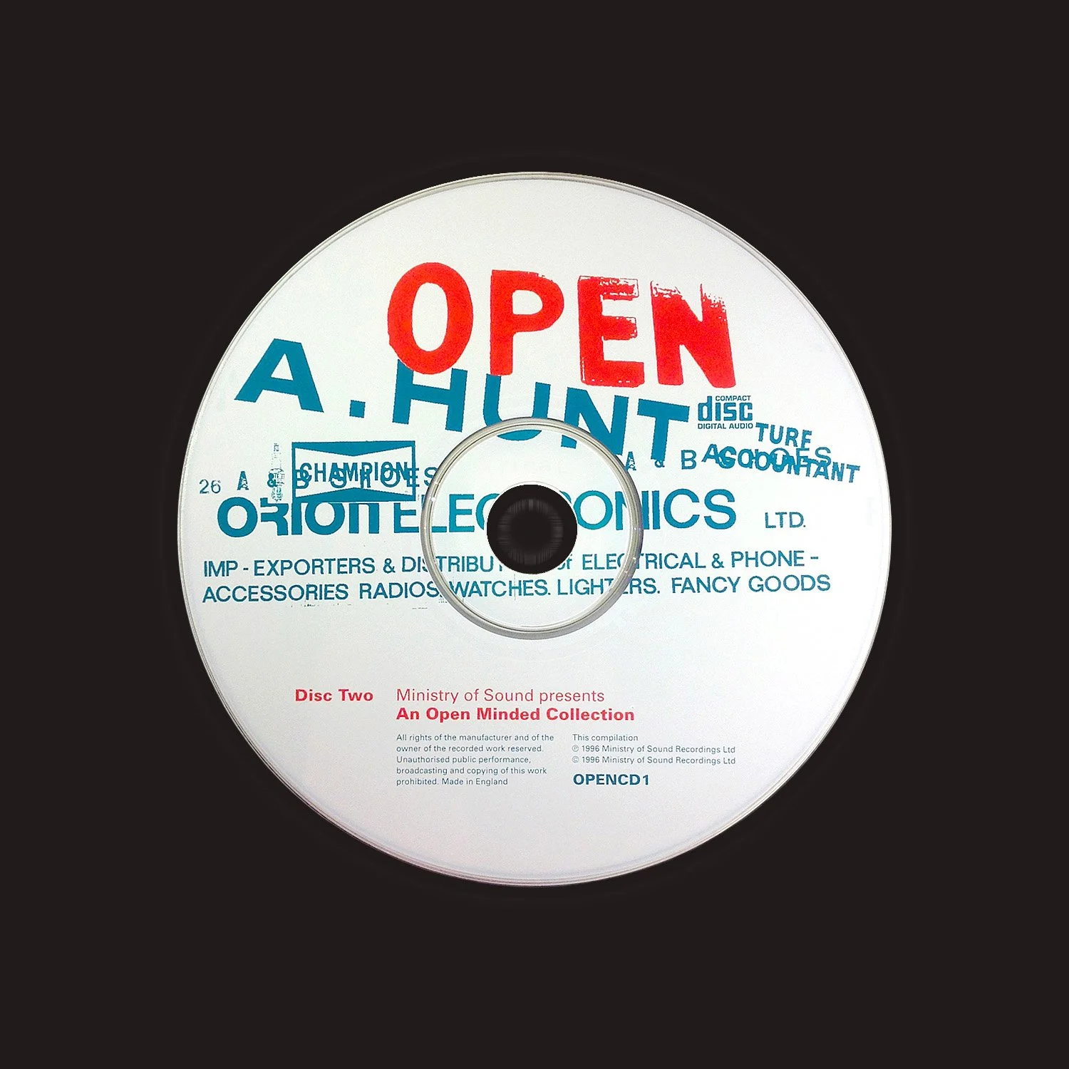 A CD titled 'Open A. Hunt' by Oriete Electronics Ltd, with various words and phrases in blue and red text, including 'Open,' 'A. Hunt,' and company details.