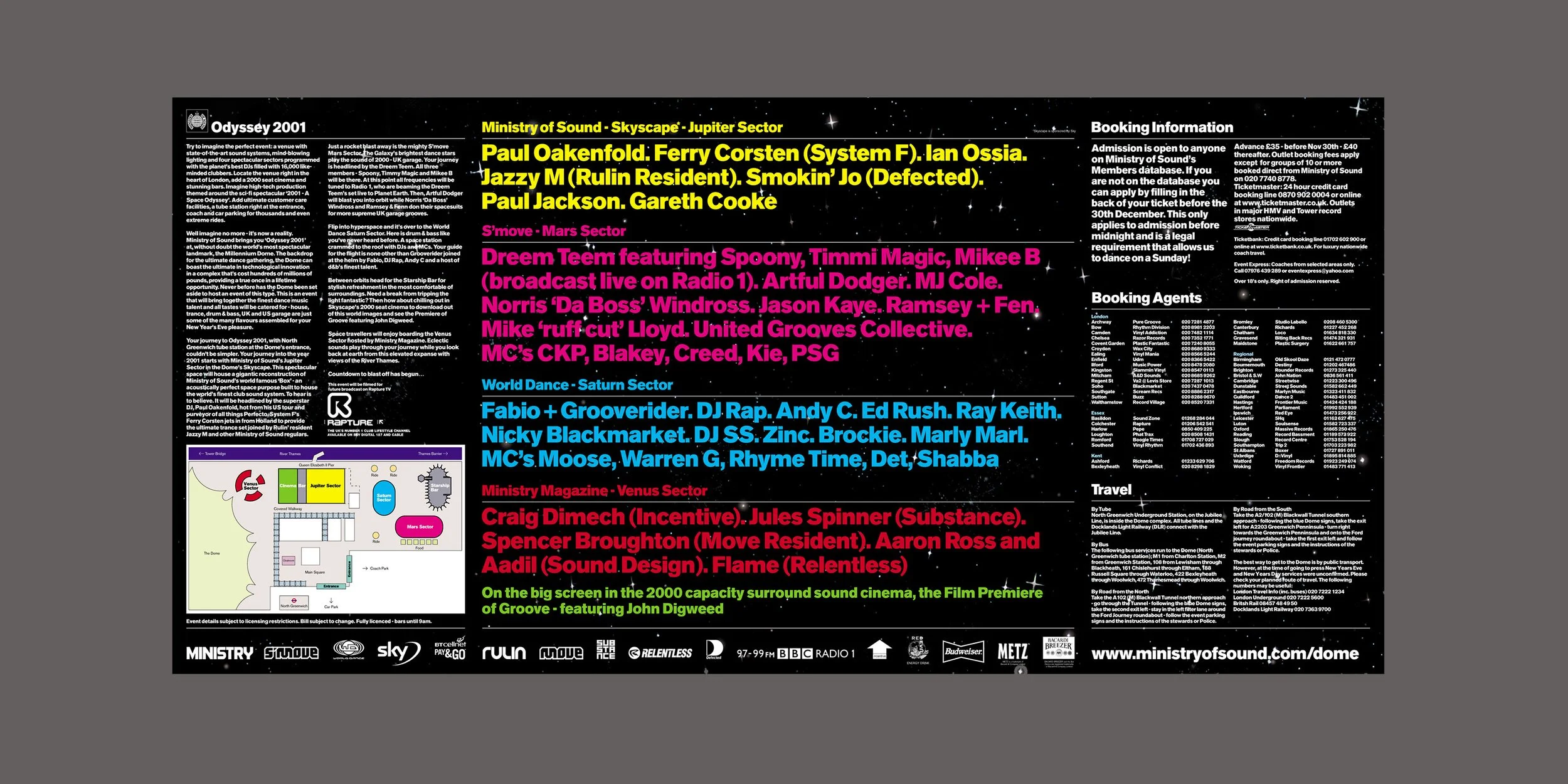 Event poster with schedule, performers, and venue info for Odyssey 2001 at Ministry of Sound, Skyscape - Jupiter Sector, featuring live dance music acts across Mars, Saturn, and Venus sectors, with a map of the venue layout at the bottom left.