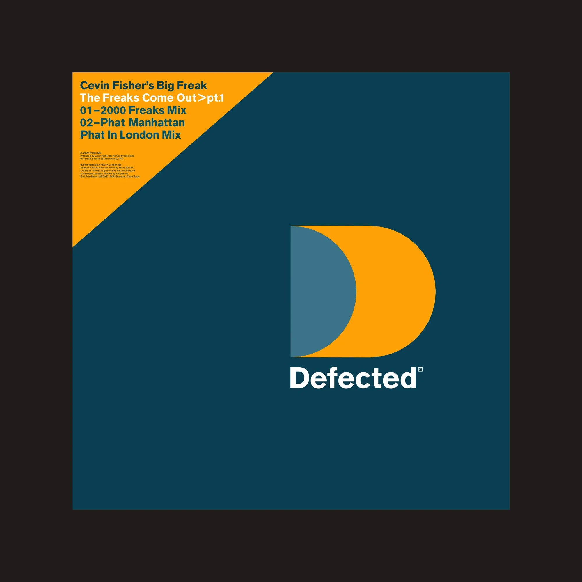 Album cover with a dark blue background, a large letter D with an orange and blue half-circle pattern, and the words 'Defected' underneath. A yellow triangle in the top left corner contains black text listing song titles and artists.