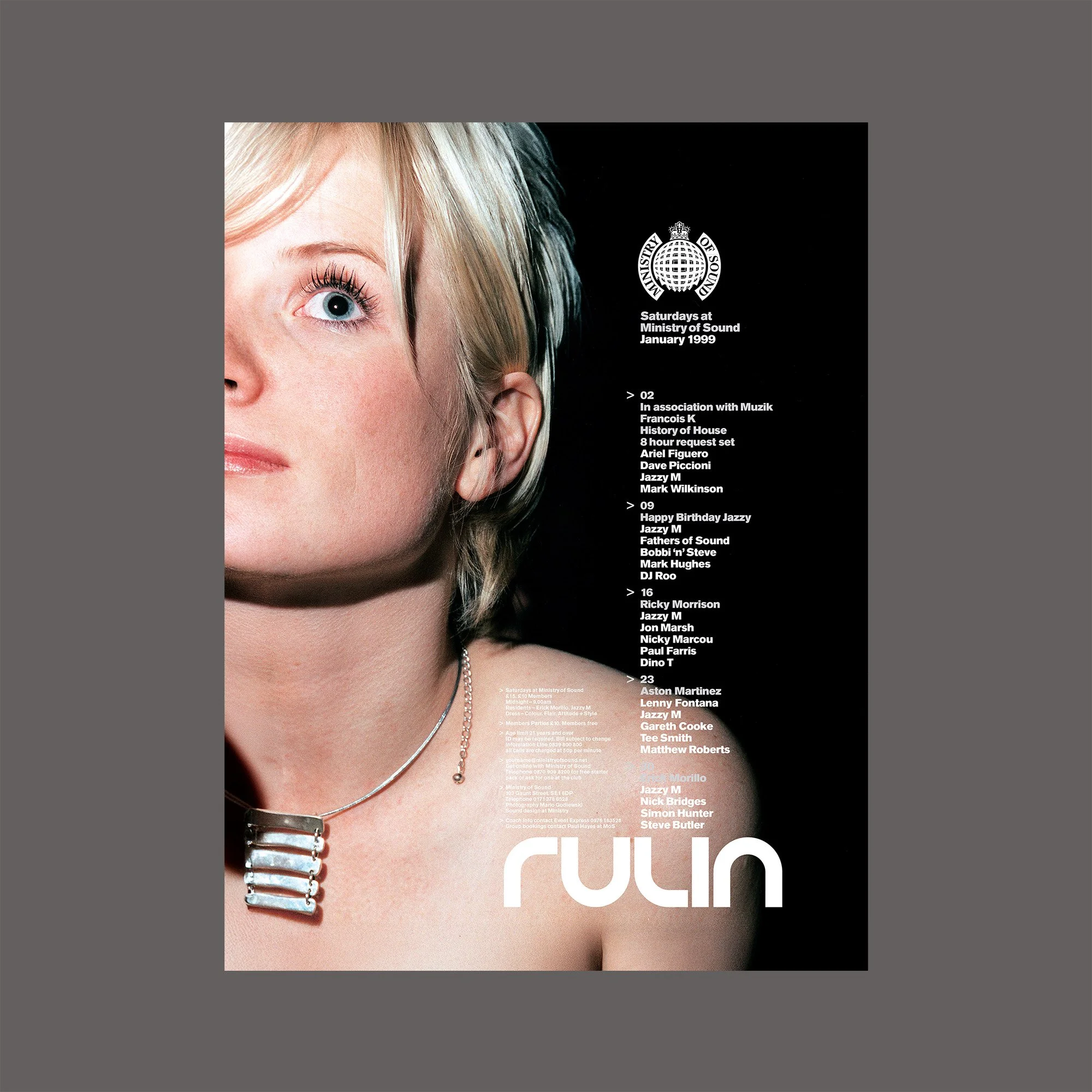 Cover of a magazine featuring a close-up of a woman's face with blond hair, wearing a silver necklace, with text about a music event at the Ministry of Sound in January 1999.