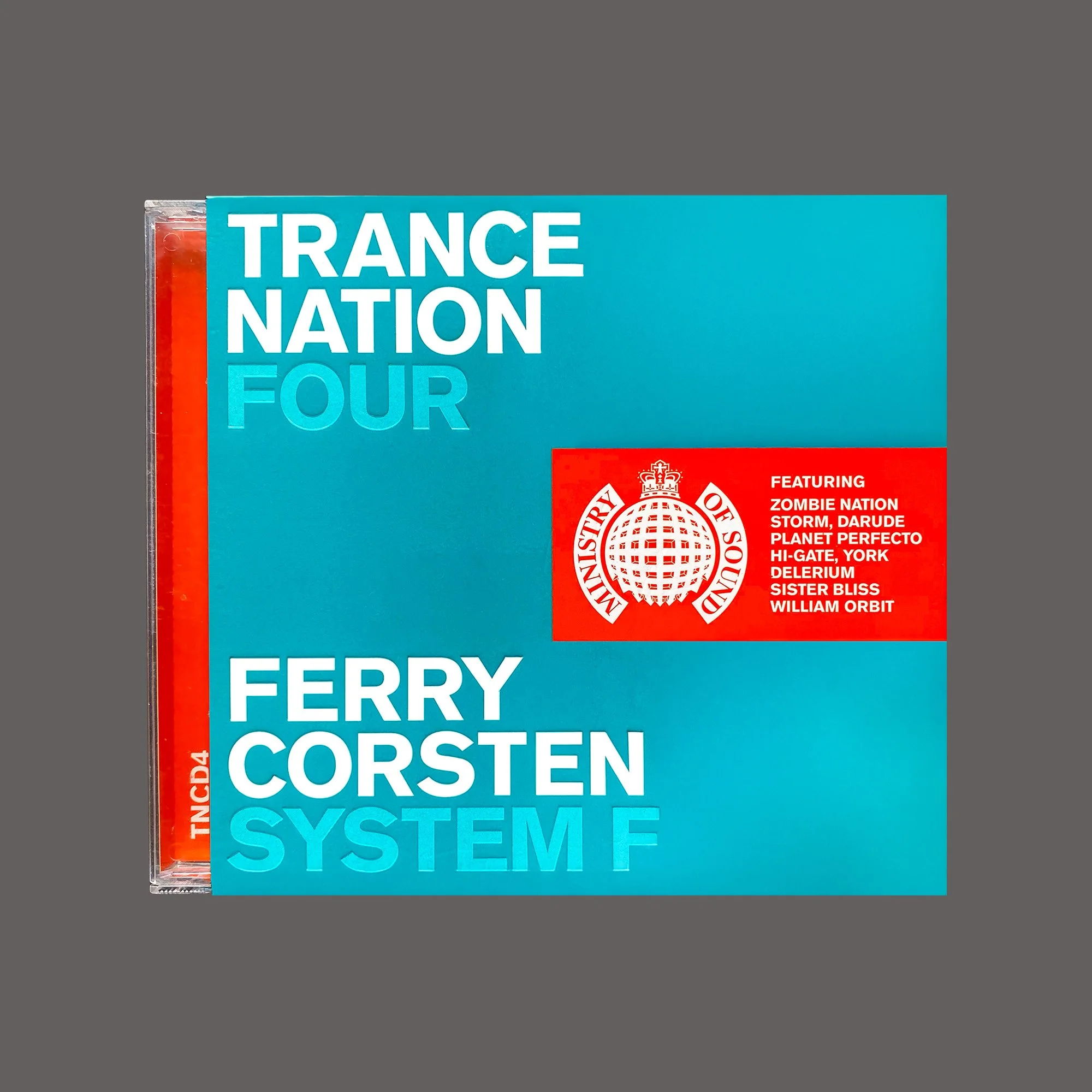 Album cover titled "Trance Nation Four" by Ferry Corsten, Martin Skalski. Features a blue background with white and light blue text and a red rectangle with white text and a logo in the center.