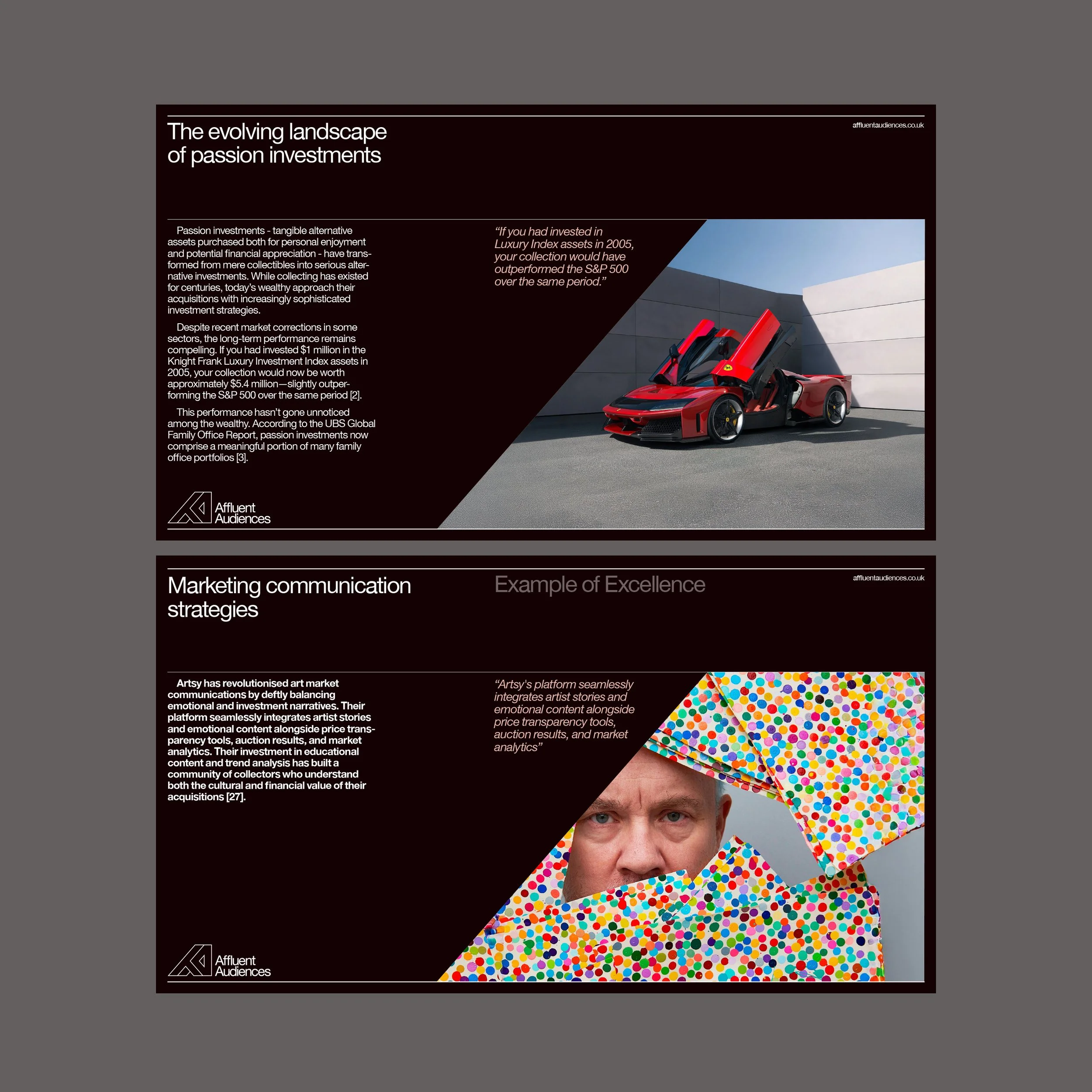 Two business presentation slides, one with a photo of a red luxury sports car with opened gullwing doors near a modern building, and the other with a photo of a man partially covered by a colorful, polka-dotted fabric.