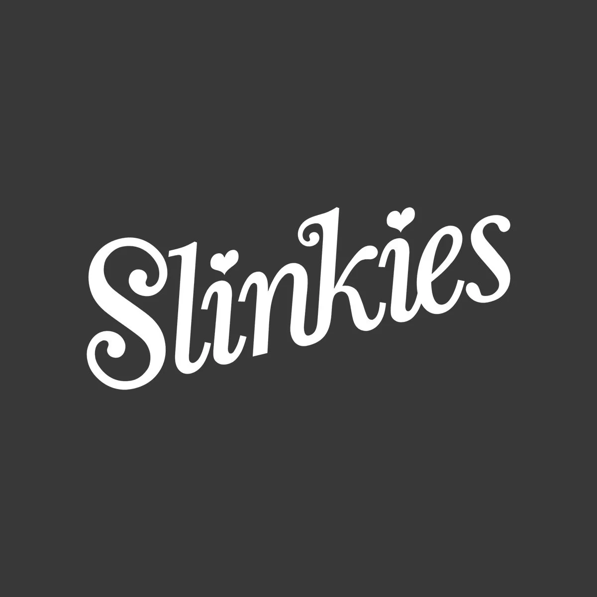 The word 'Slinkies' written in white cursive text with heart shapes over the 'i's, on a dark gray background.