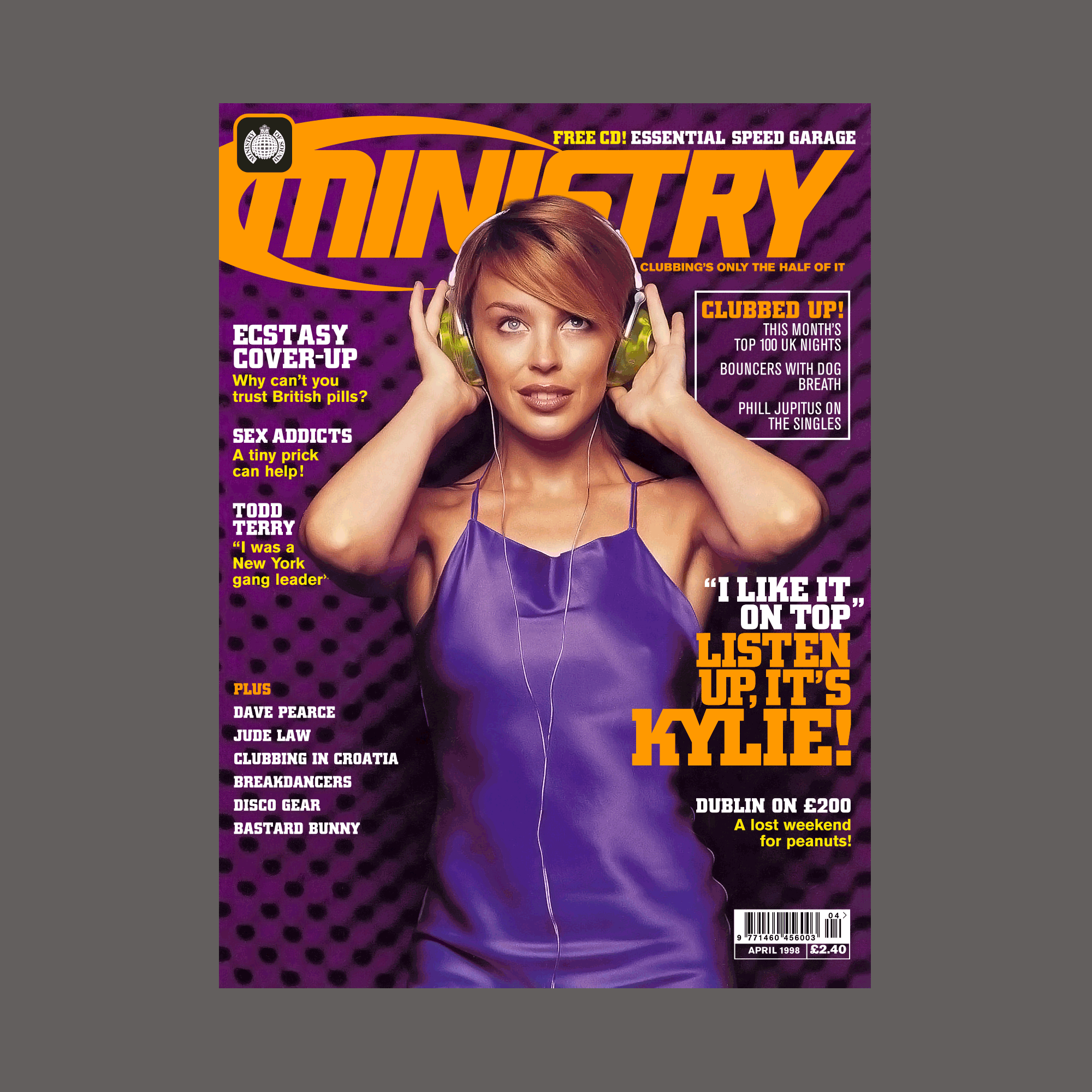 A magazine cover featuring Kylie Minogue with short hair, wearing a purple strap dress and large headphones, against a purple polka dot background. The cover includes headlines about music, nightlife, and entertainment.