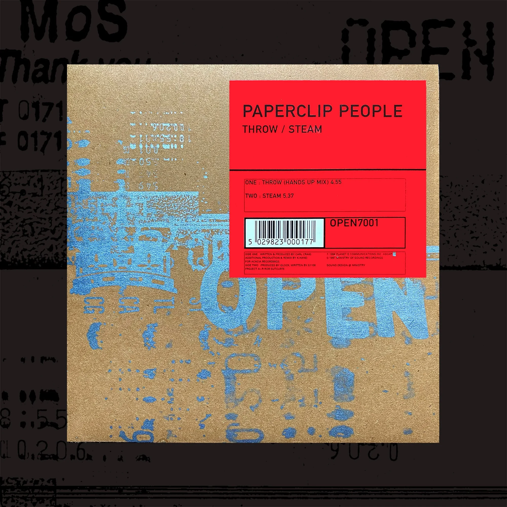 A music album cover for Paperclip People titled 'Throw / Steam.' The cover features a red label with black text, placed on a textured, metallic gold background with blue printed text and graphics.