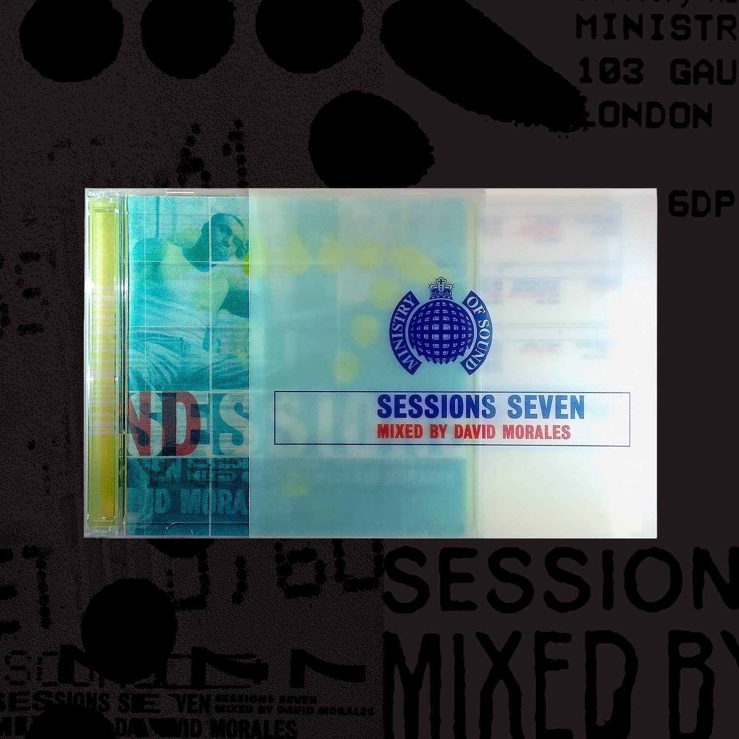 A CD case with the title 'SESSIONS SEVEN' and the subtitle 'MIXED BY DAVID MORALES' is displayed. The background shows a seal of the Ministry of Sound, and there is an overlay of a person in the background wearing a striped shirt.