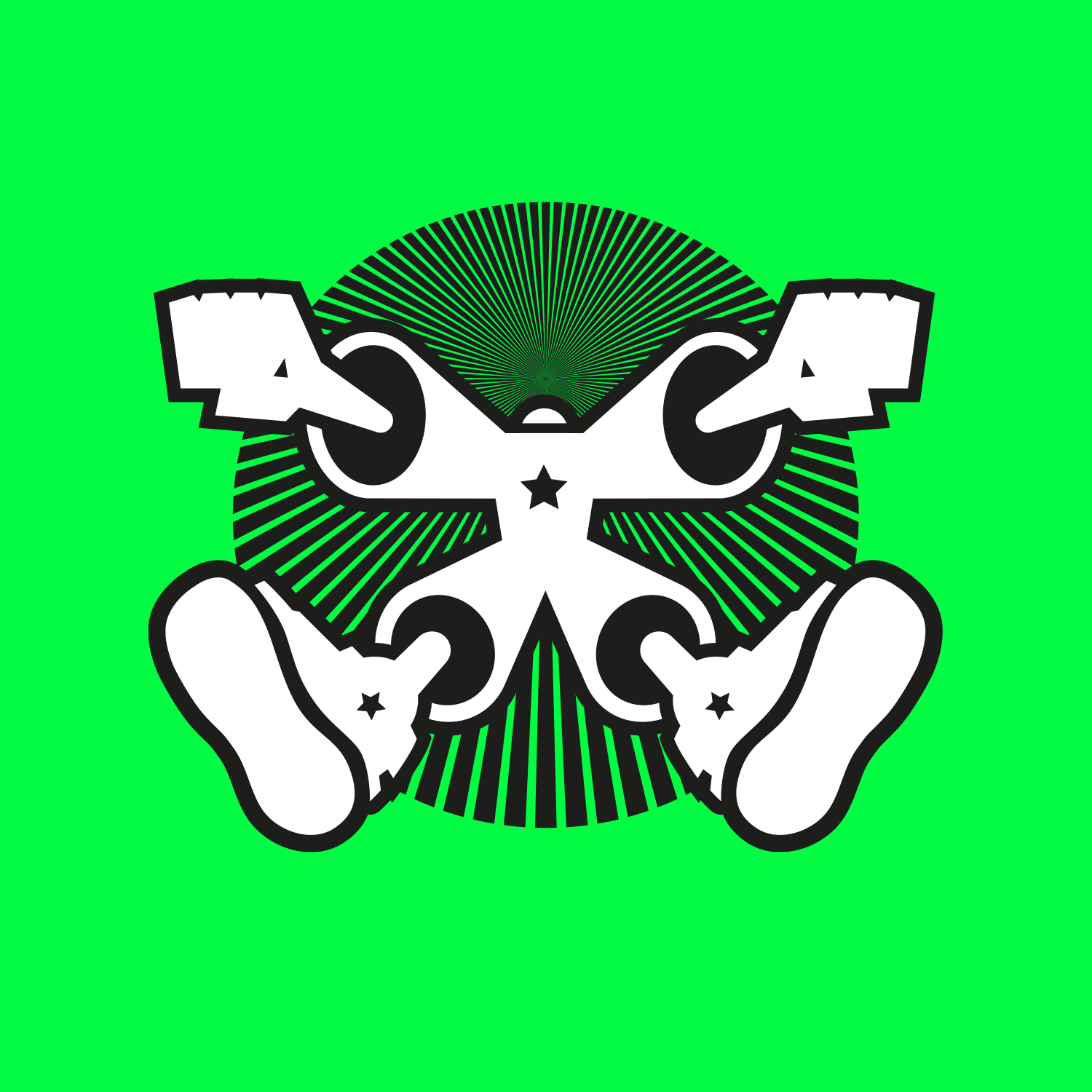 A mirrored graphic of a figure with a star on its chest, with a green background and radiating lines behind it.