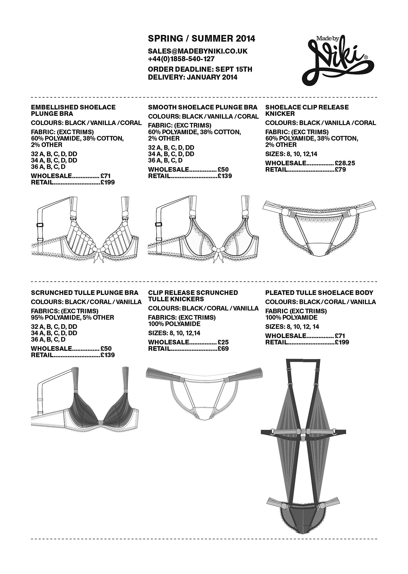Product catalog page for Spring/Summer 2014 lingerie, featuring diagrams and prices for various bras and a bodysuit from the Nikki brand.