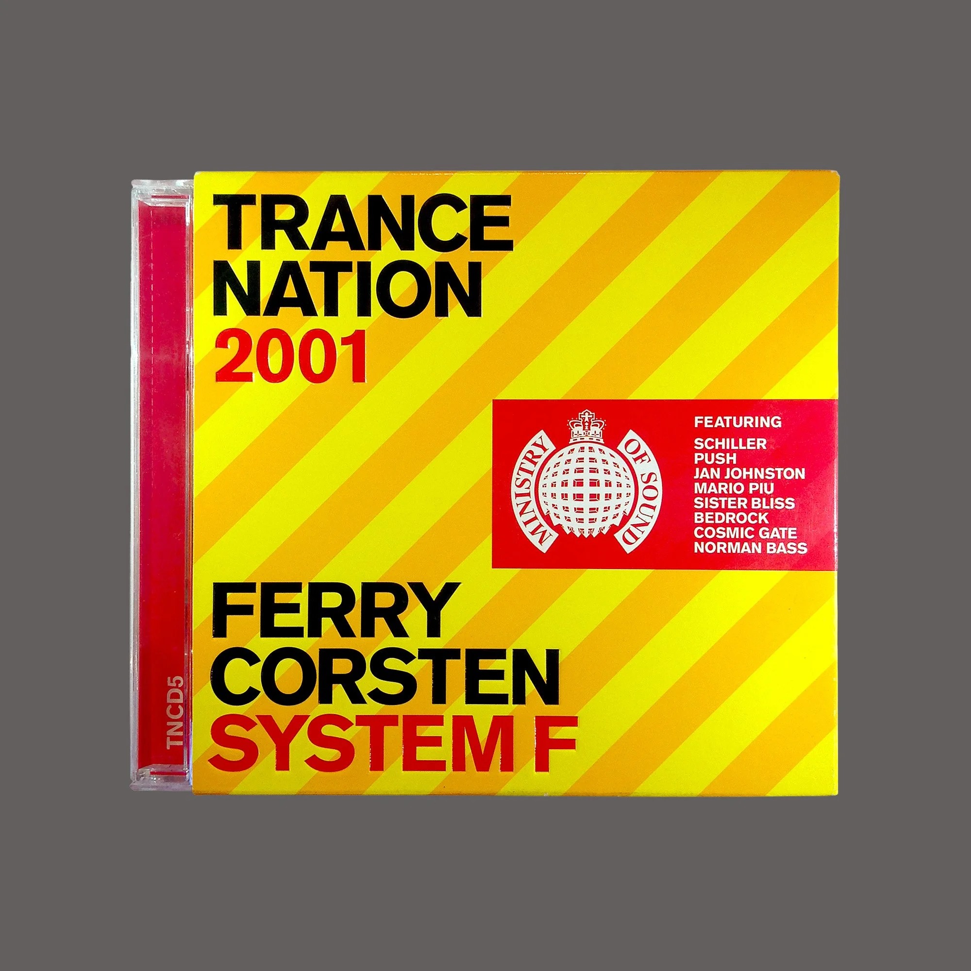 Cover of a music album titled 'Trance Nation 2001' by Ferry Corsten, featuring a red and yellow design with a logo of the Ministry of Sound and list of featured artists.