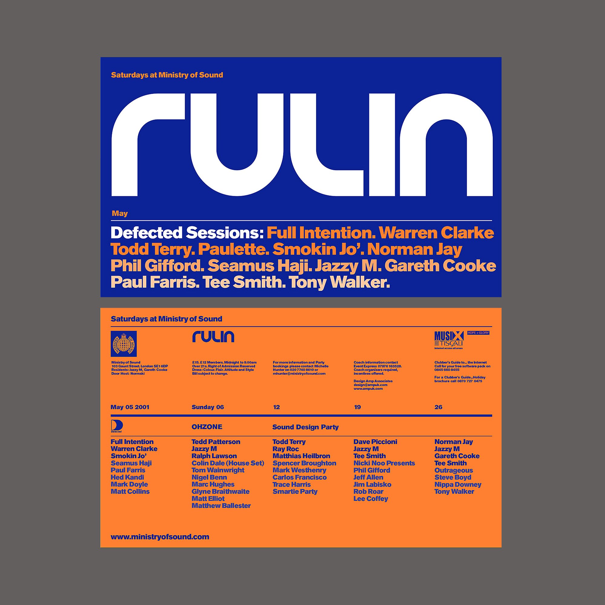 An event poster for 'Rulin' music sessions. The poster features a blue and orange design with details of the event date, May 5, 2001, and lineup including Warren Clarke, Todd Terry, Jazzy M, Gareth Cooke, and others. It mentions 'Saturdays at Ministry of Sound' and includes contact and booking information.
