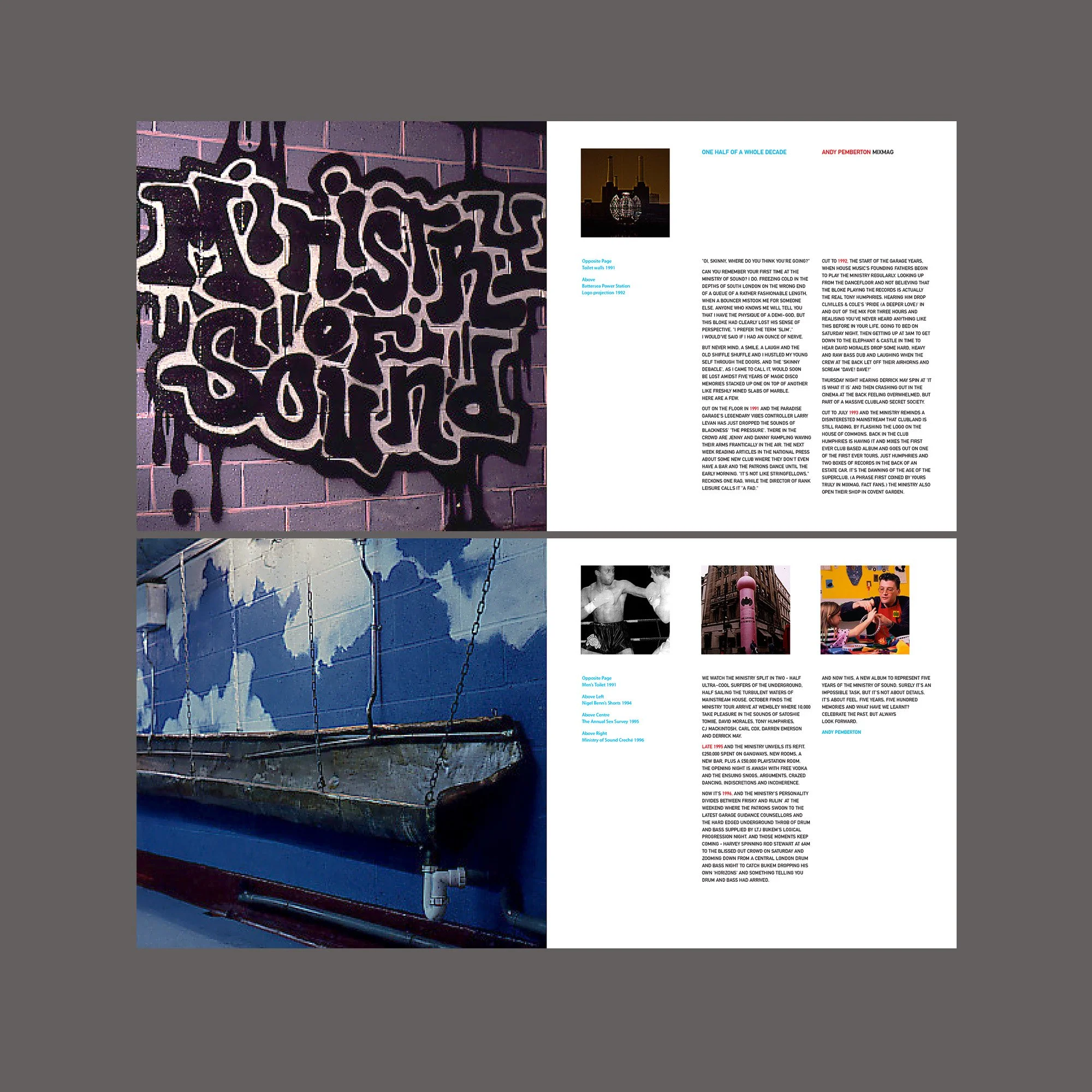 A two-page magazine spread featuring graffiti art, a swing, and various black-and-white and color photographs with associated text.