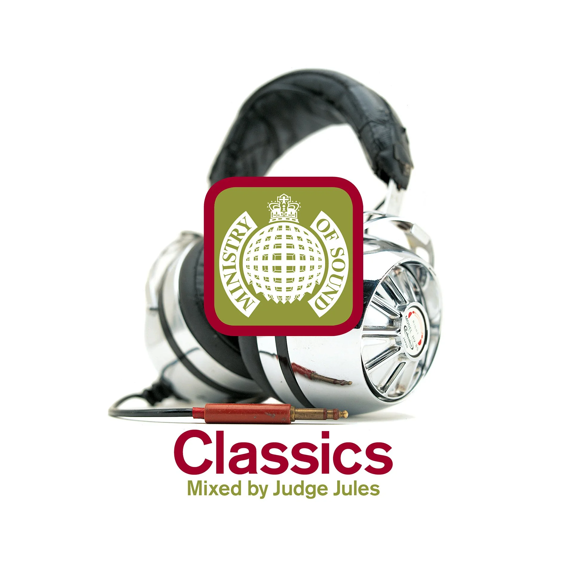 A pair of vintage headphones with a silver finish, a black headband, and a red audio jack, with the Ministry of Sound logo overlayed on the image, and the text 'Classics' and 'Mixed by Judge Jules' below.