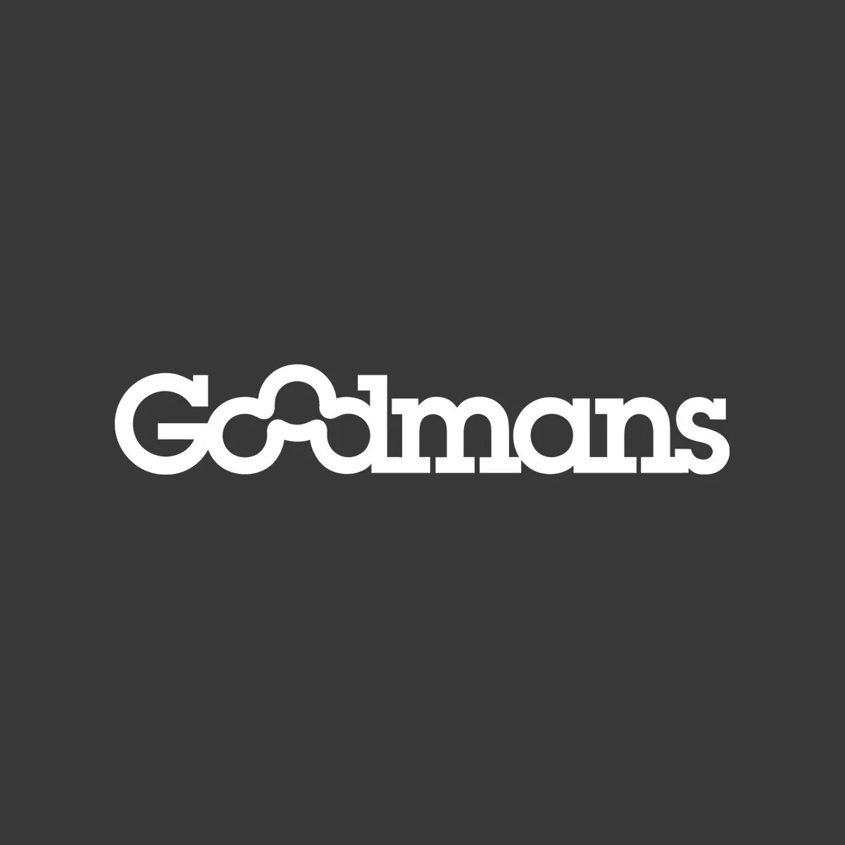 Logo for Goodmans featuring white stylized text on a dark background