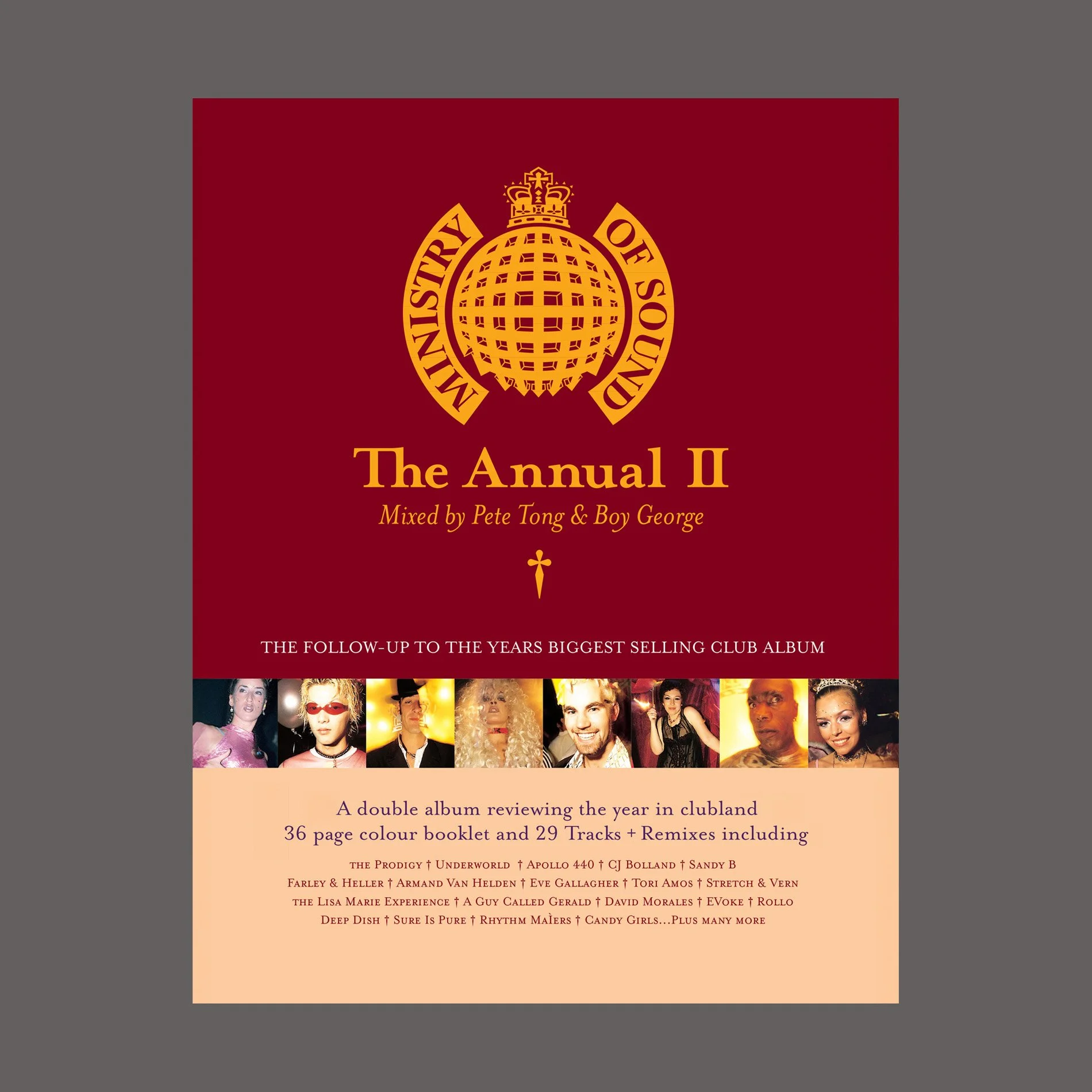 Cover of a double album titled 'The Annual II', mixed by Pete Tong and Boy George, featuring a red background with a golden emblem of the Ministry of Sound logo at the top. Below are images of various people, and text describing the album contents and contributors.