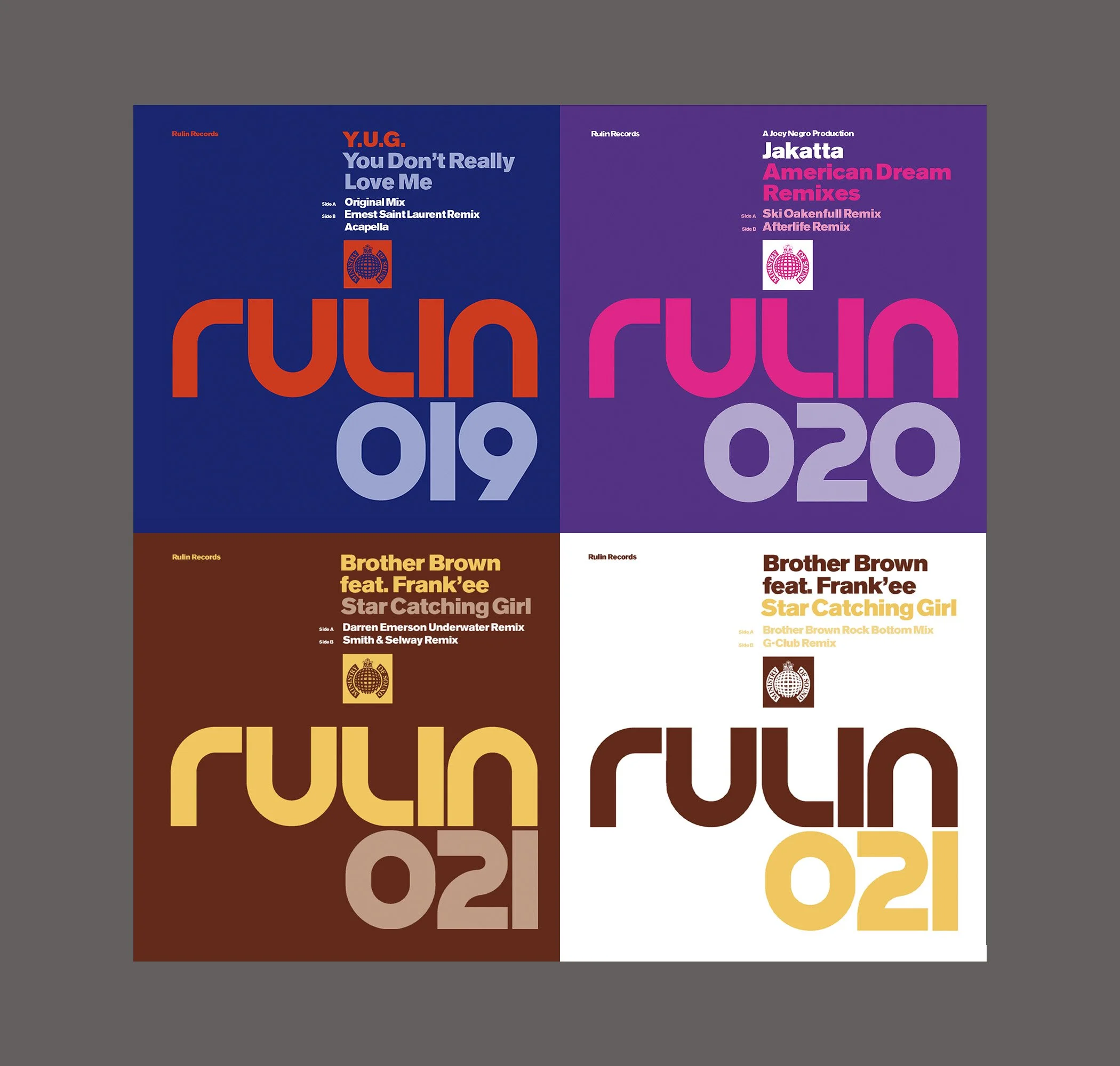 Four colorful record covers arranged in a 2x2 grid, each with bold text and distinct background colors, featuring remixes and tracks from Ruin Records.