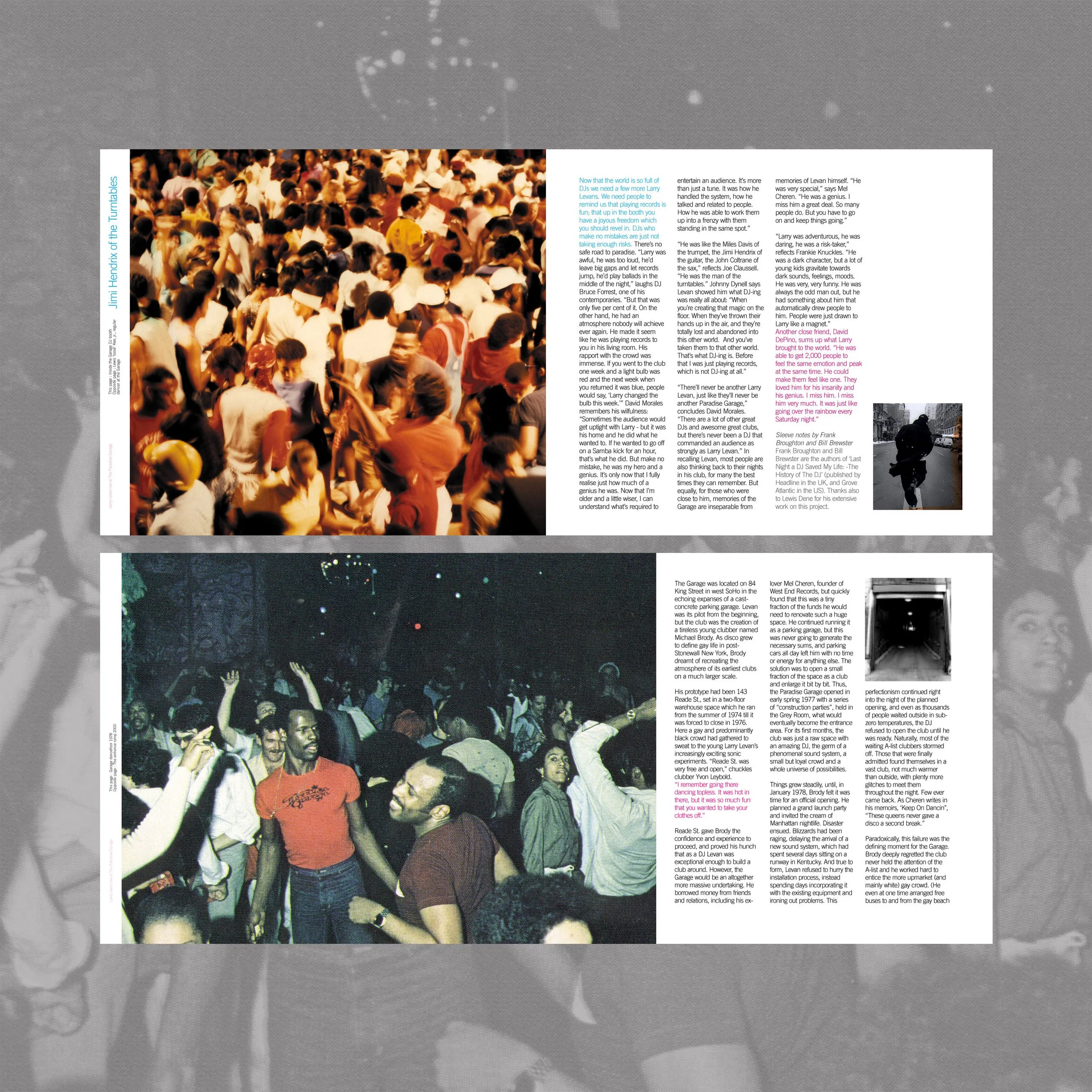 Two pages of a newspaper featuring two large photos of crowded dance parties, one in color and one in black and white, with articles about the events and their histories.