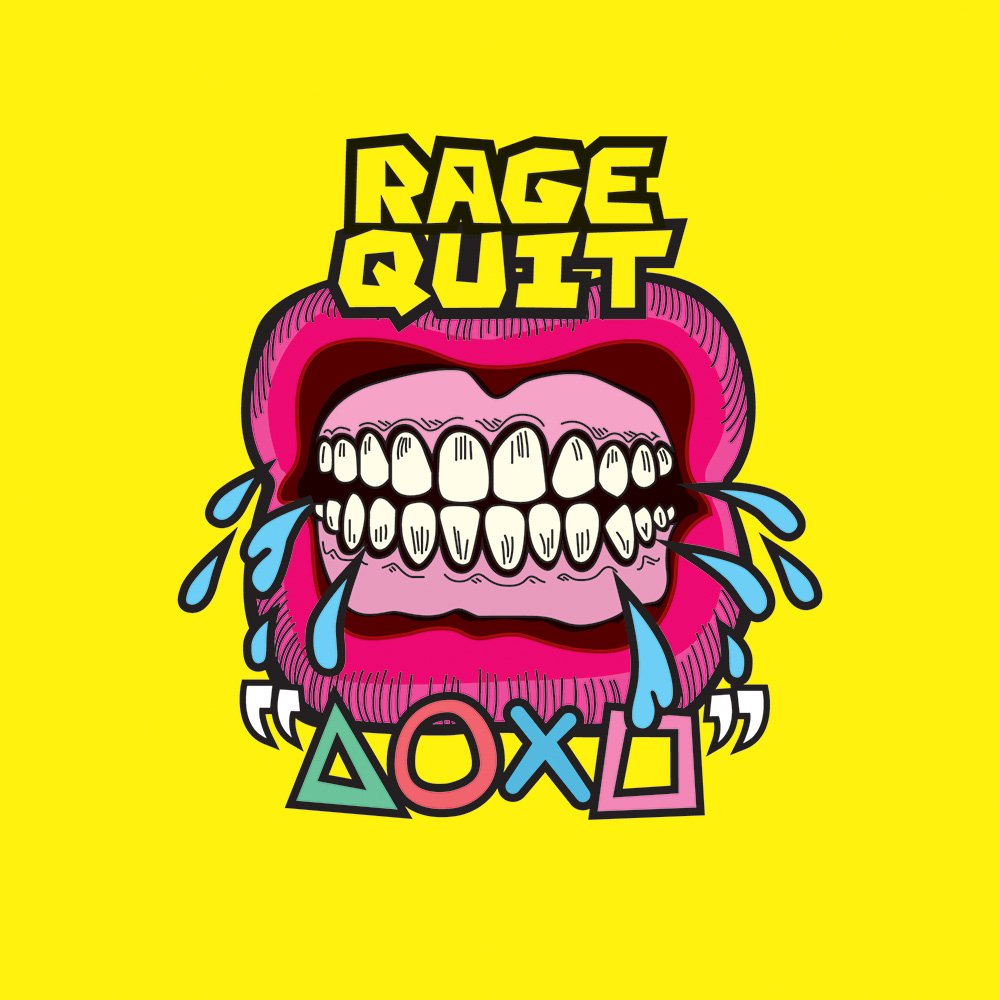 Colorful graphic of an open mouth with teeth, surrounded by PlayStation symbols, with text "RAGE QUEST" above the mouth, set against a yellow background.