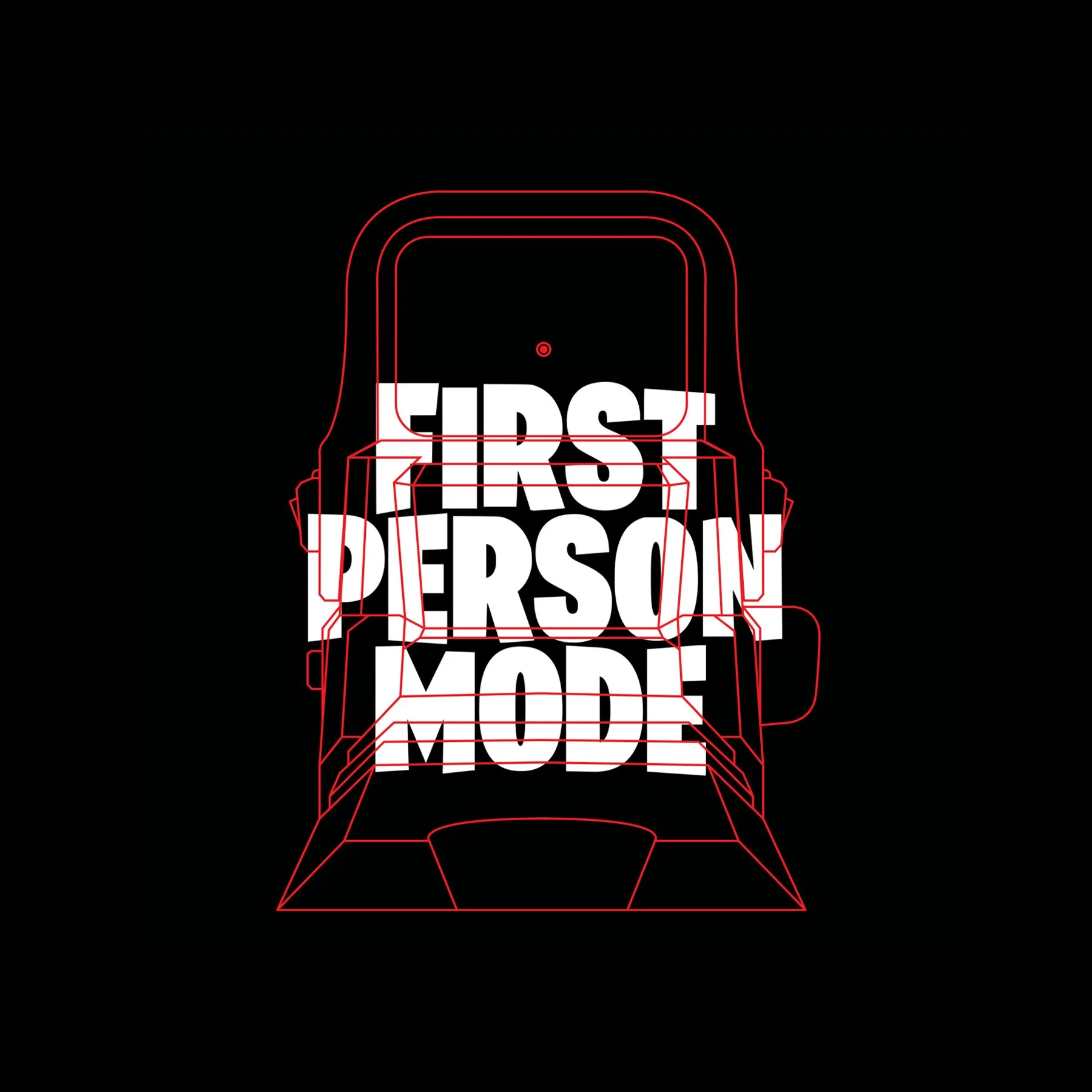 Outline illustration of a smartphone displaying the text 'First Person Mode' in bold white letters, with red wireframe lines overlaid.