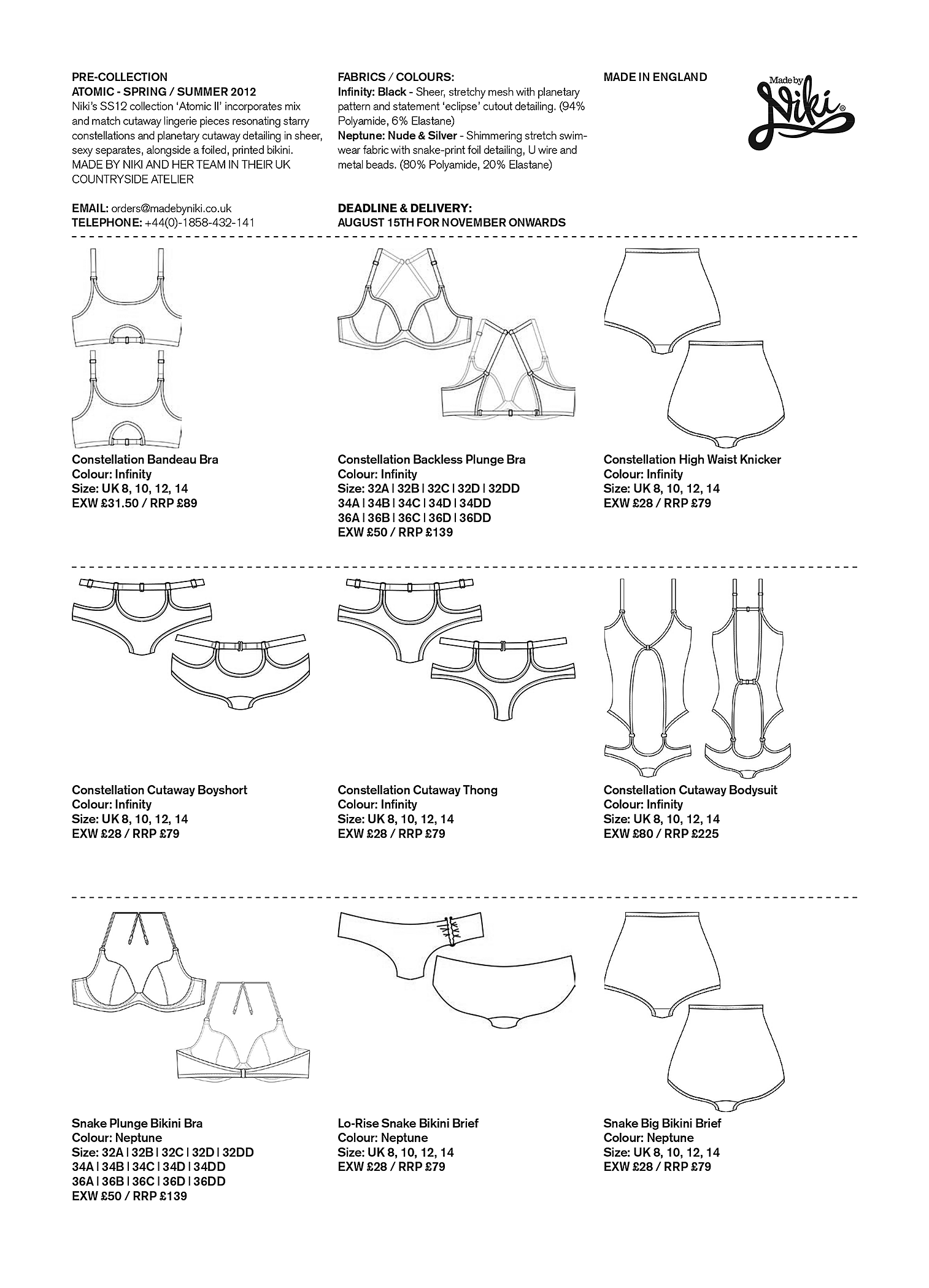 A catalog page displaying lingerie and swimwear designs, including bras, knickers, boyshorts, thongs, bodysuits, and bikinis, with product descriptions, sizes, prices, and color options.