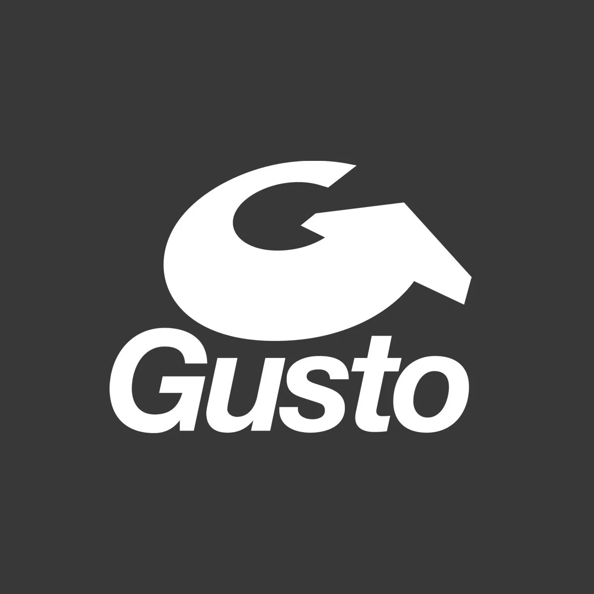 Gusto logo with a stylized letter G and the word Gusto below it, on a dark background.