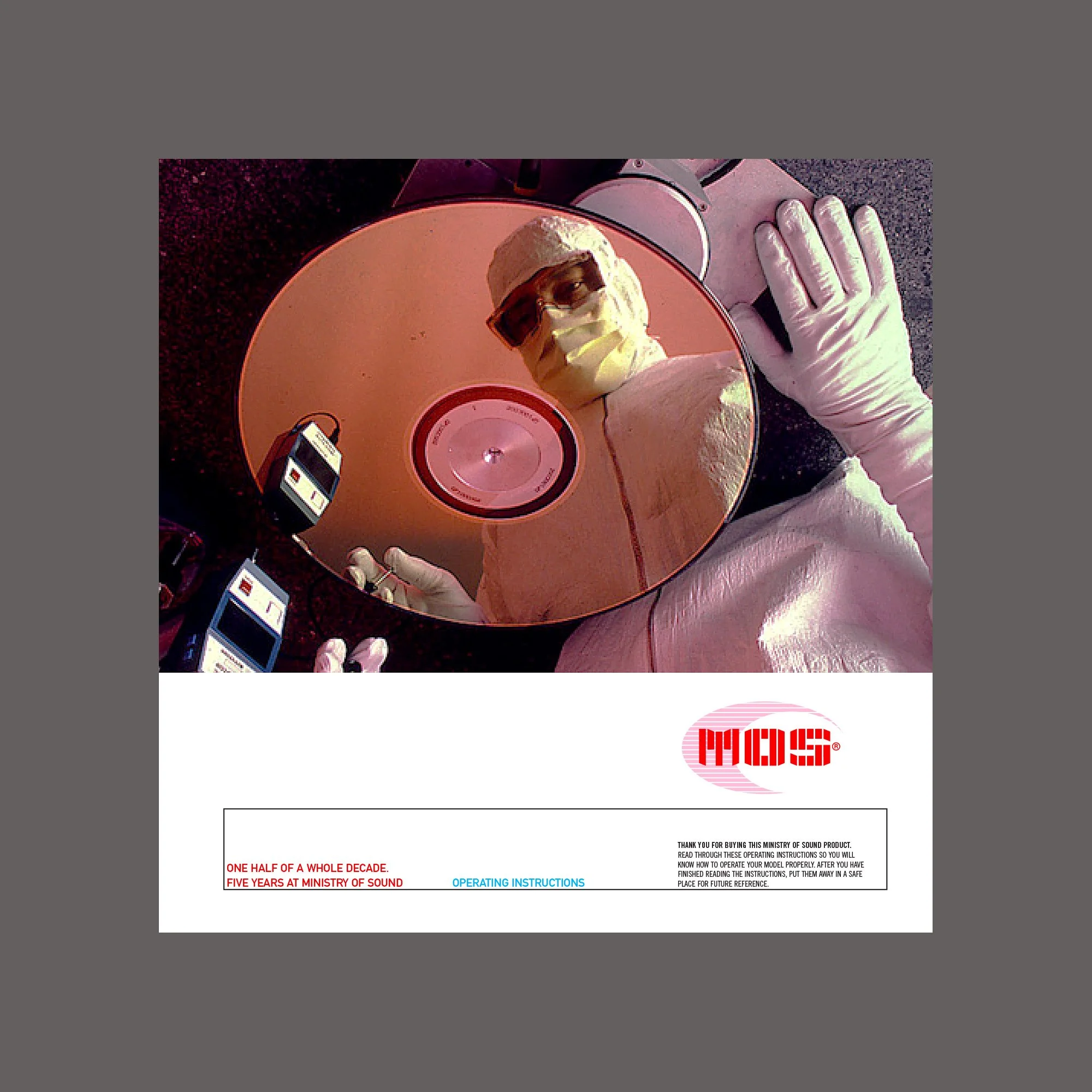 A person dressed in protective medical gear, including gloves, a face mask, and goggles, is taking a selfie reflected in a CD. The image has medical equipment nearby, and the CD has a logo with the text 'MYOS'.