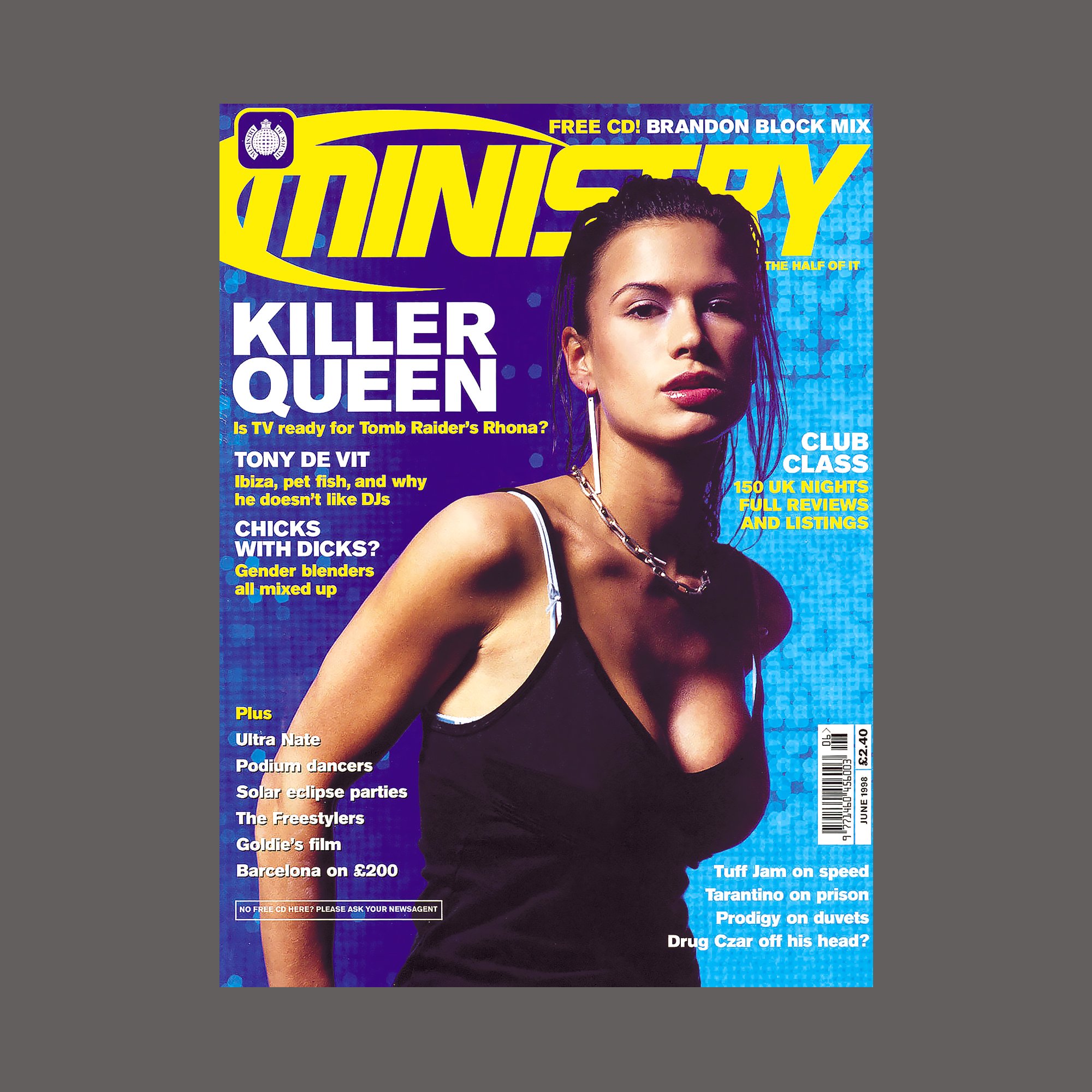 Magazine cover titled 'Ministry' featuring a young woman in a black tank top, with headlines about TV, music, and club events.
