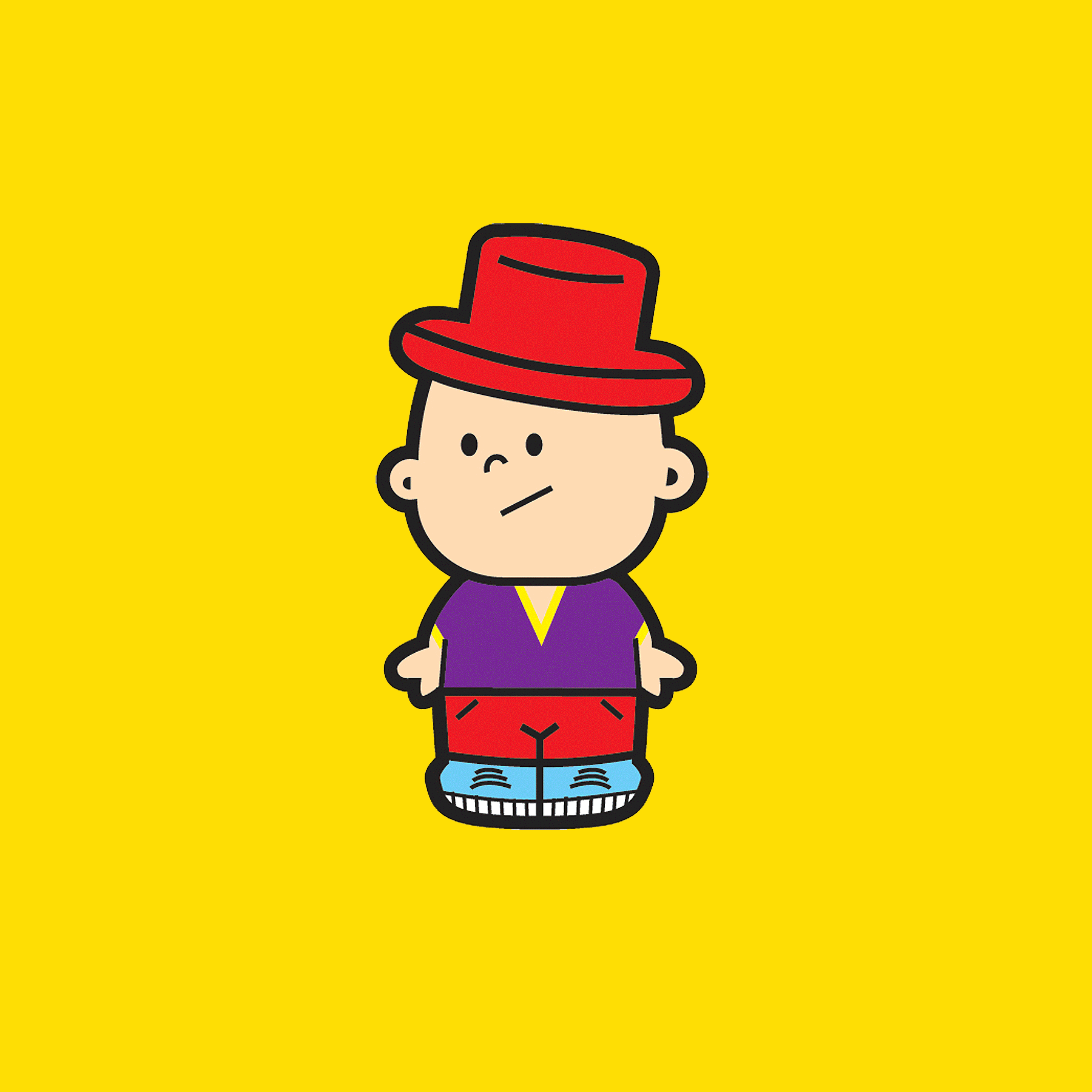 Cartoon of a young boy wearing a red hat, purple shirt, red shorts, and blue shoes, standing against a yellow background.