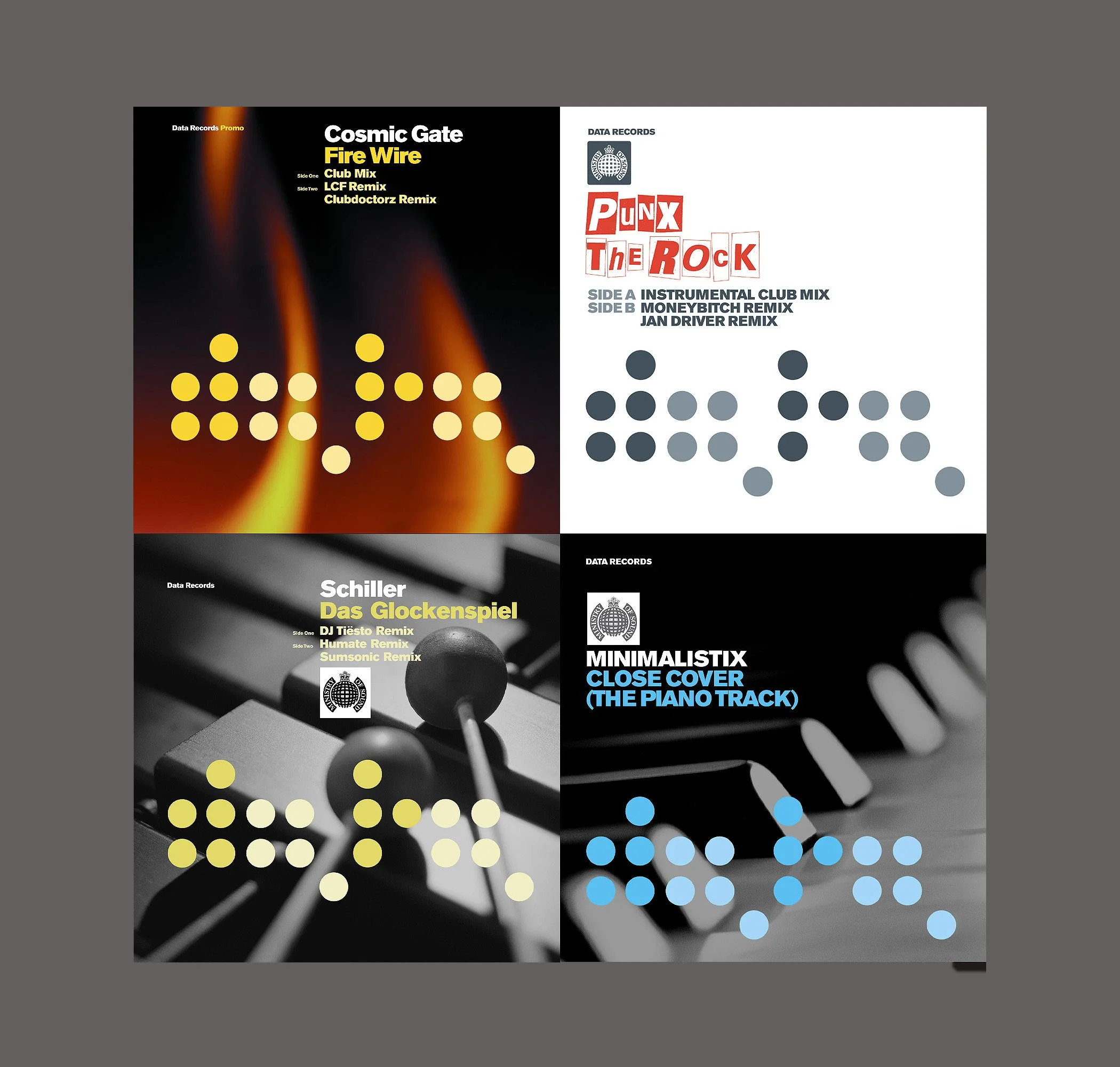 Four album covers arranged in a 2x2 grid. Top left: Cosmic Gate's Fire Wire with a dark background and orange flames. Top right: Punk The Rock with white background, red and black text, and gray dots. Bottom left: Schiller's Das Glockenspiel features a black and white photo of percussion instruments with yellow dots. Bottom right: Minimalstix Close Cover (The Piano Track) with a close-up of piano keys and light blue dots.