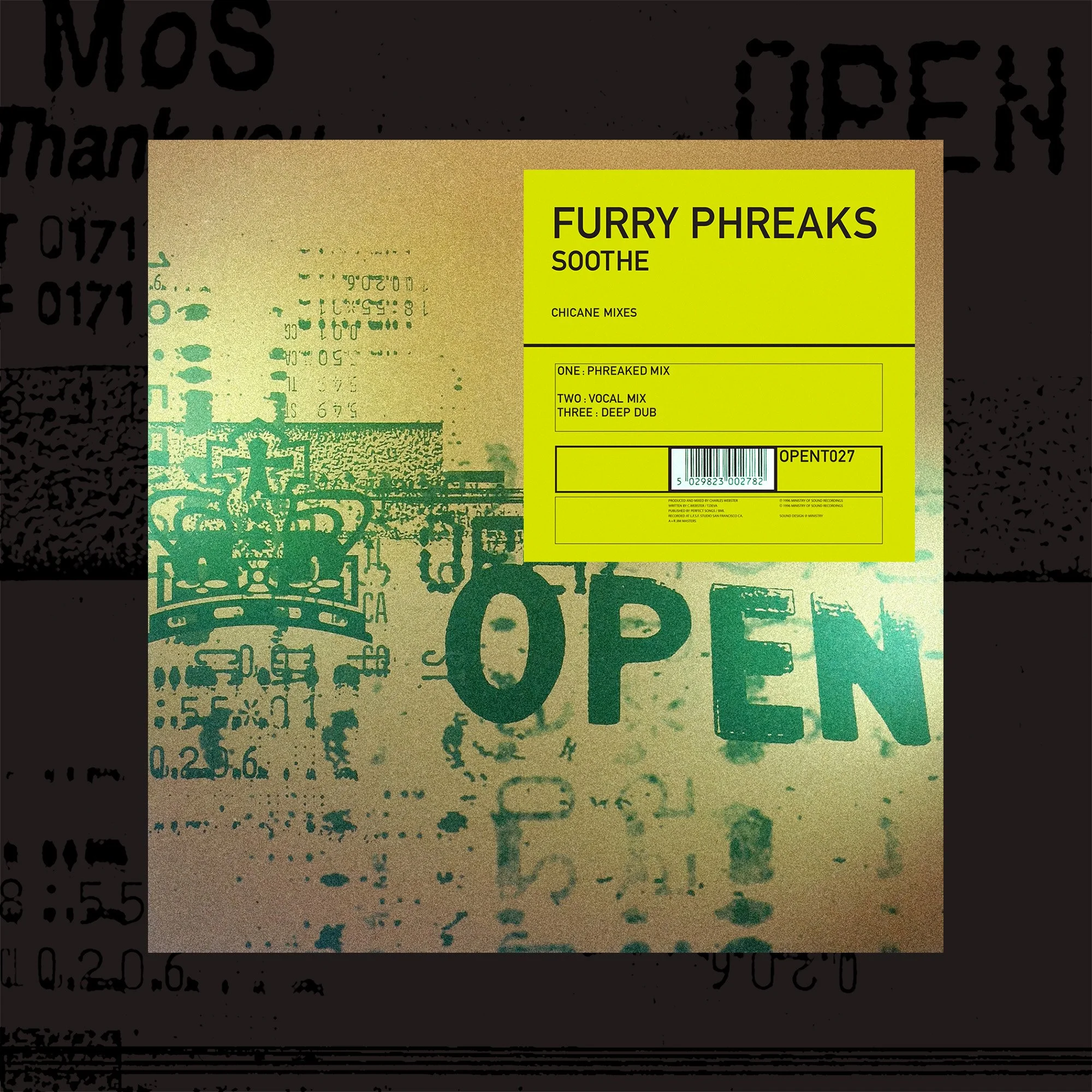 A music album cover titled 'Furry Phreaks Soothe' with a bright yellow label highlighting three mixes and a barcode, set against a background with the word 'OPEN' and abstract green and black graphics.
