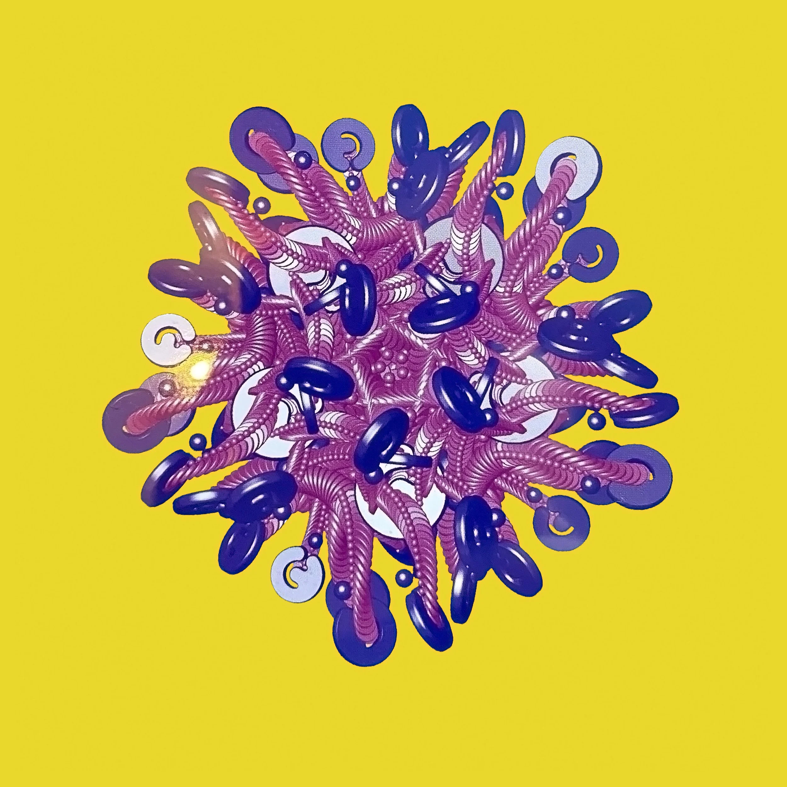 Abstract digital artwork featuring a symmetrical, complex structure of pink and purple elements resembling tentacles or spirals against a bright yellow background.