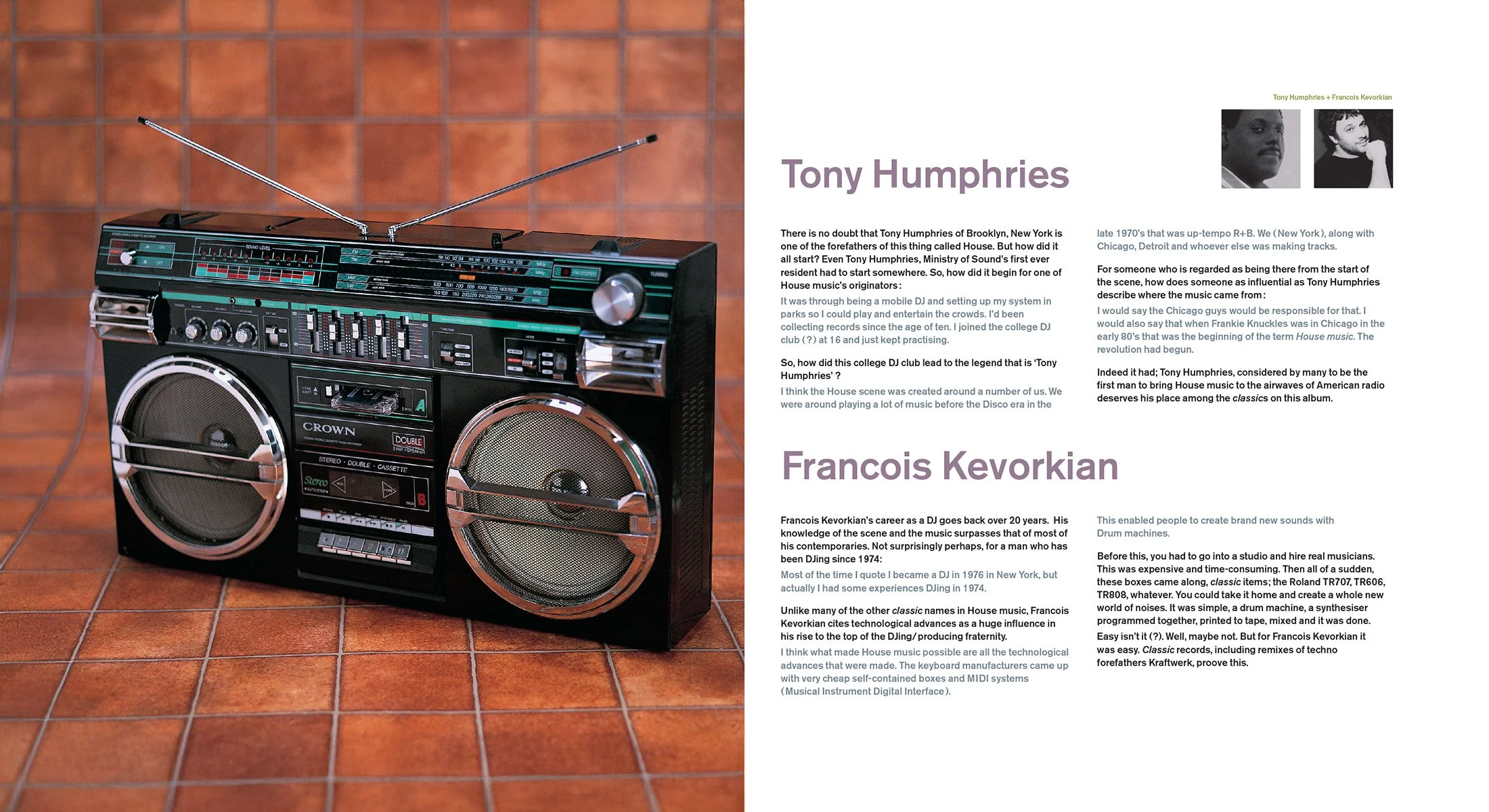 A vintage boombox sitting on a tiled floor, with an article about Tony Humphries and Francois Kevorkian on the right side of the image.