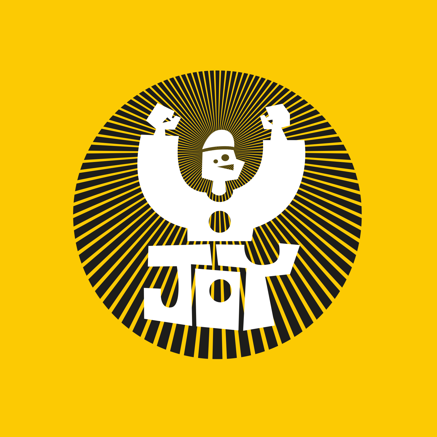 A graphic illustration of a smiling dancing skeleton with a hat, surrounded by radiating black and yellow lines, and the word 'TOY' in bold white letters at the bottom.