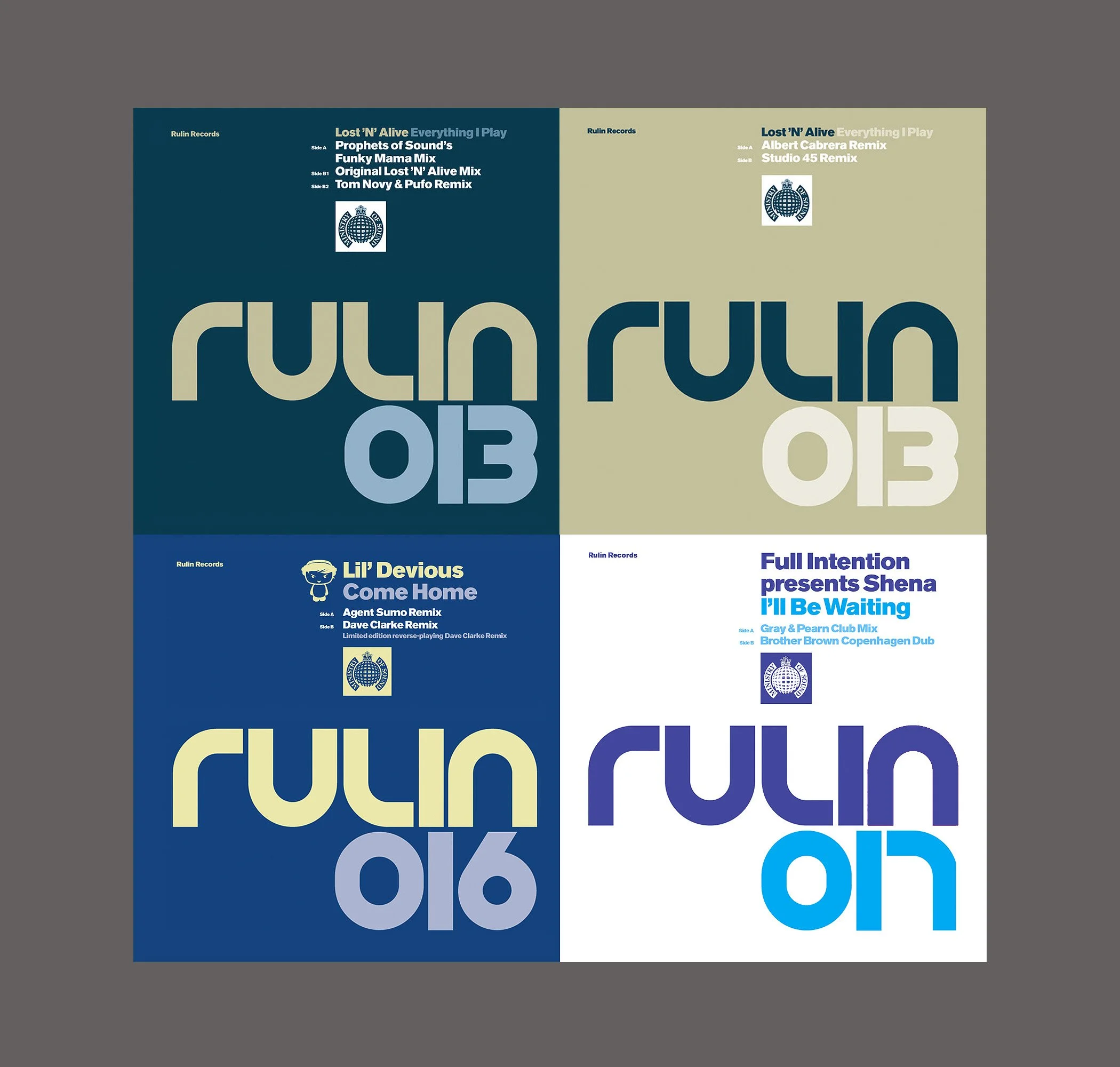 A four-part album cover with each section featuring different colors and text. The sections contain music track information and remix details, with a logo of a globe with headphones in the center of each part.