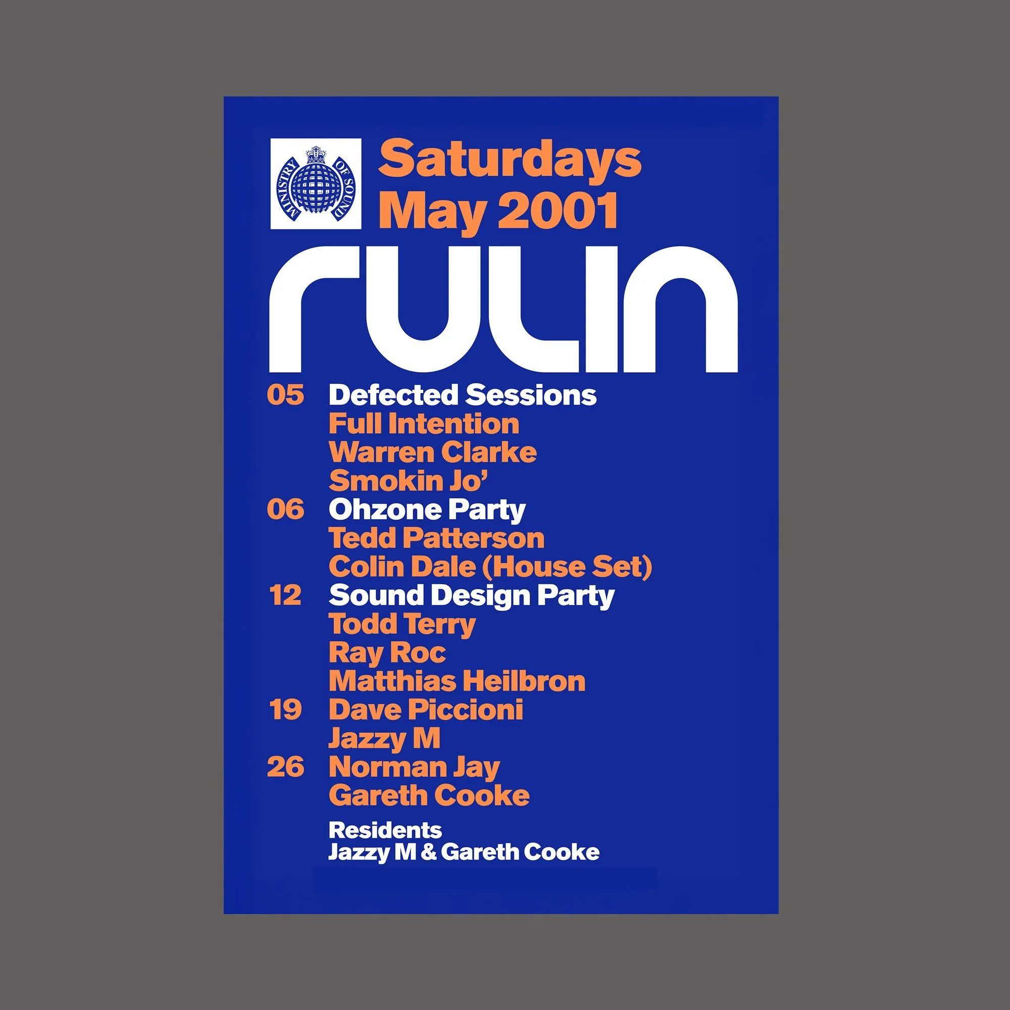Event schedule poster for a series of music performances in May 2001, listing dates, artists, and event titles, with a blue background and white and orange text.