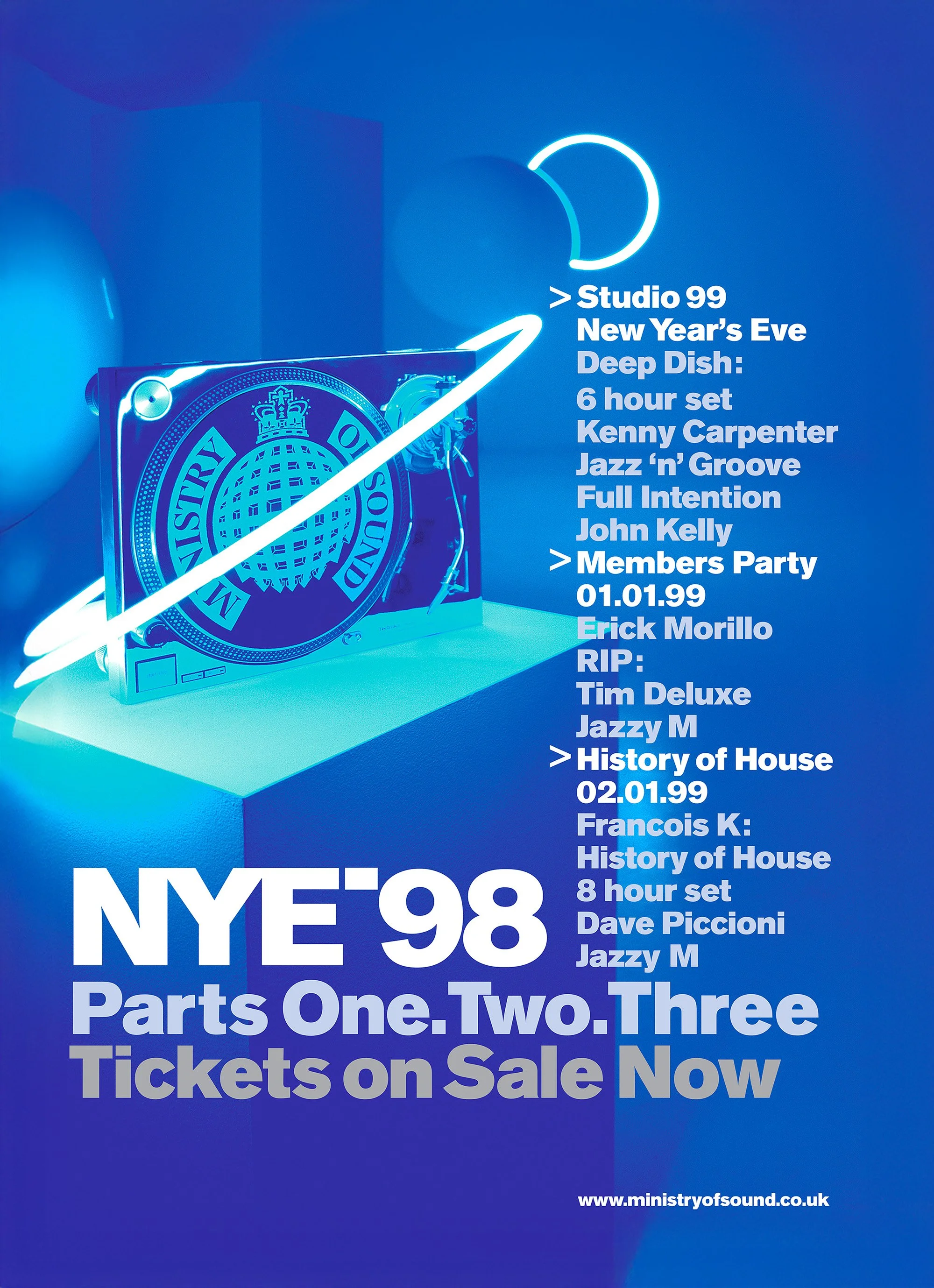 Blue promotional poster advertising music tickets for NYE 98, featuring lists of DJ sets and parties, with a large blue CD and light decorations.