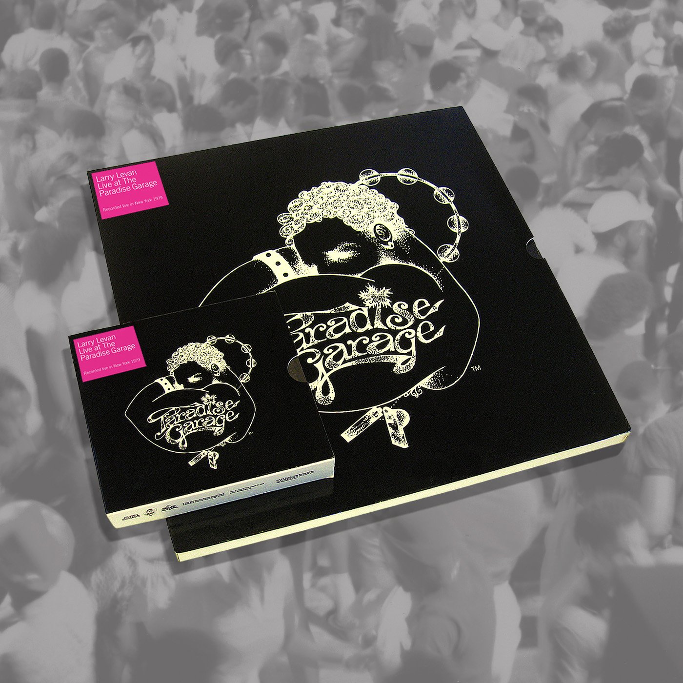 Two black and white boxes featuring the logo of  'The Paradise Garage' against a grey background of a crowd of people.
