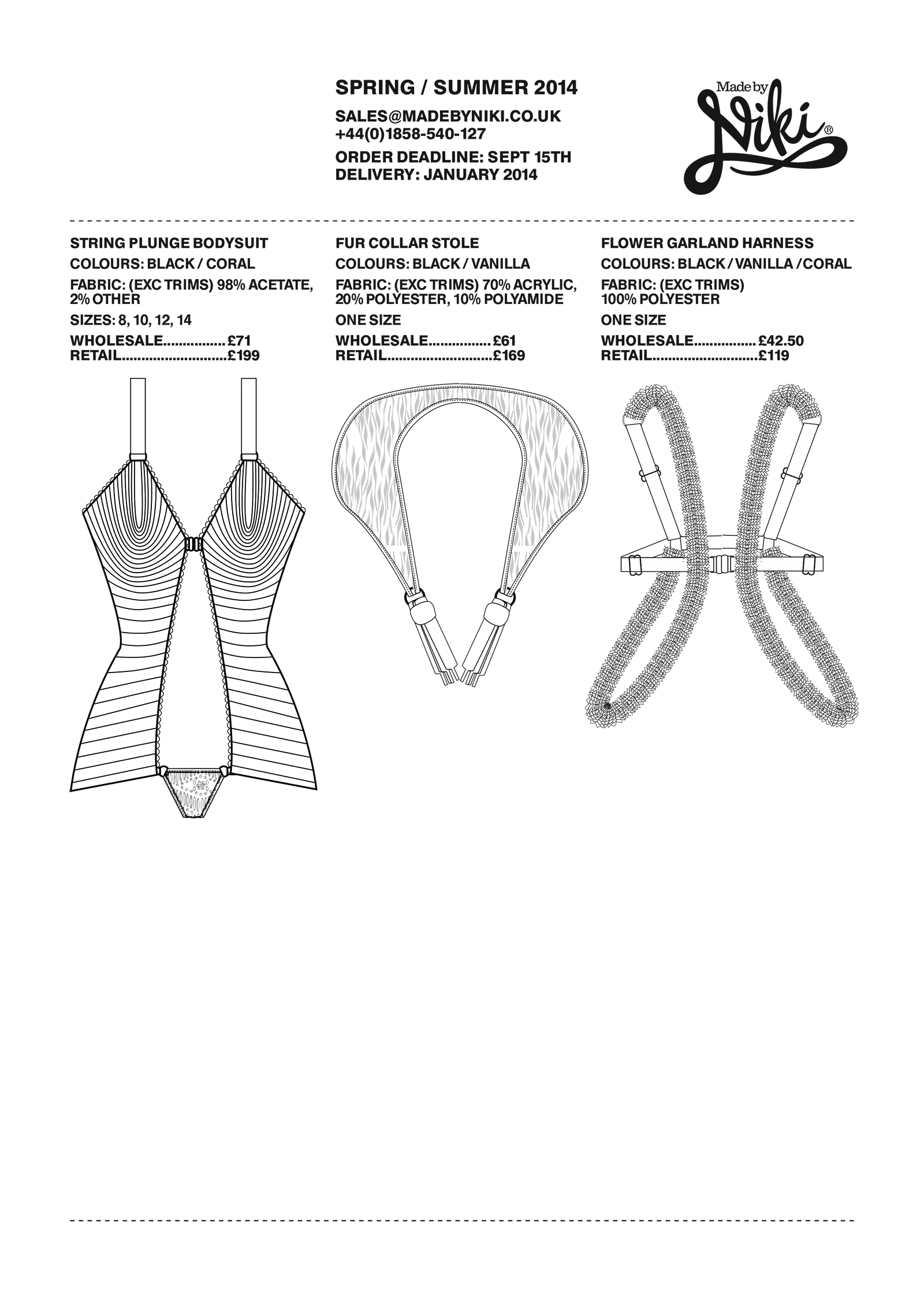 Design catalog page for spring and summer 2014 featuring three fashion accessories: a string plunge bodysuit in black or coral, fur collar stole in black or vanilla, and flower garland harness in black, vanilla, or coral.