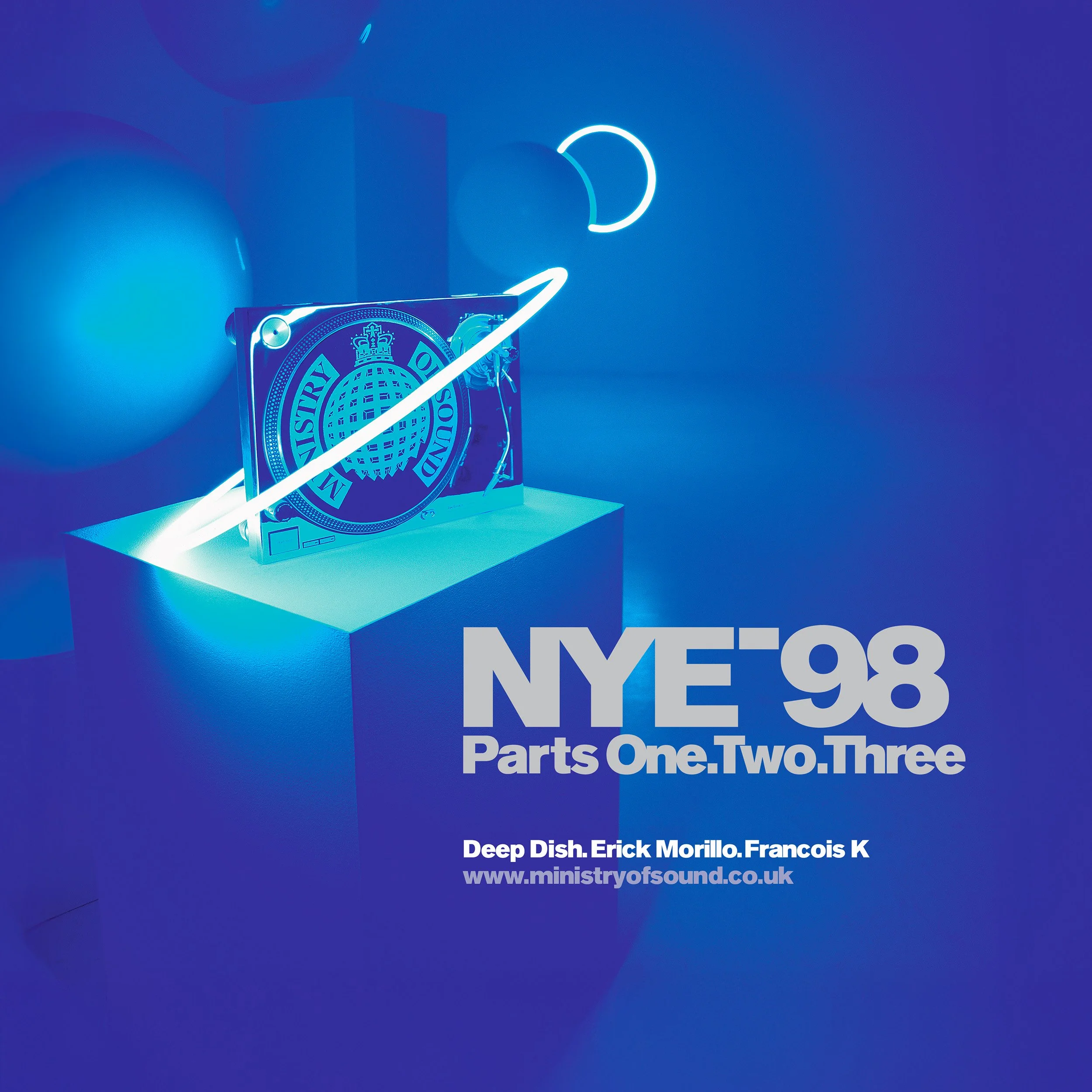 Blue-themed promotional graphic for NYE'98, featuring a neon light sculpture of a record with a Ministry of Sound logo, accompanied by text that reads "Parts One. Two. Three" and "Deep Dish. Erick Morillo. Francois K," along with the website www.ministryofsound.co.uk.