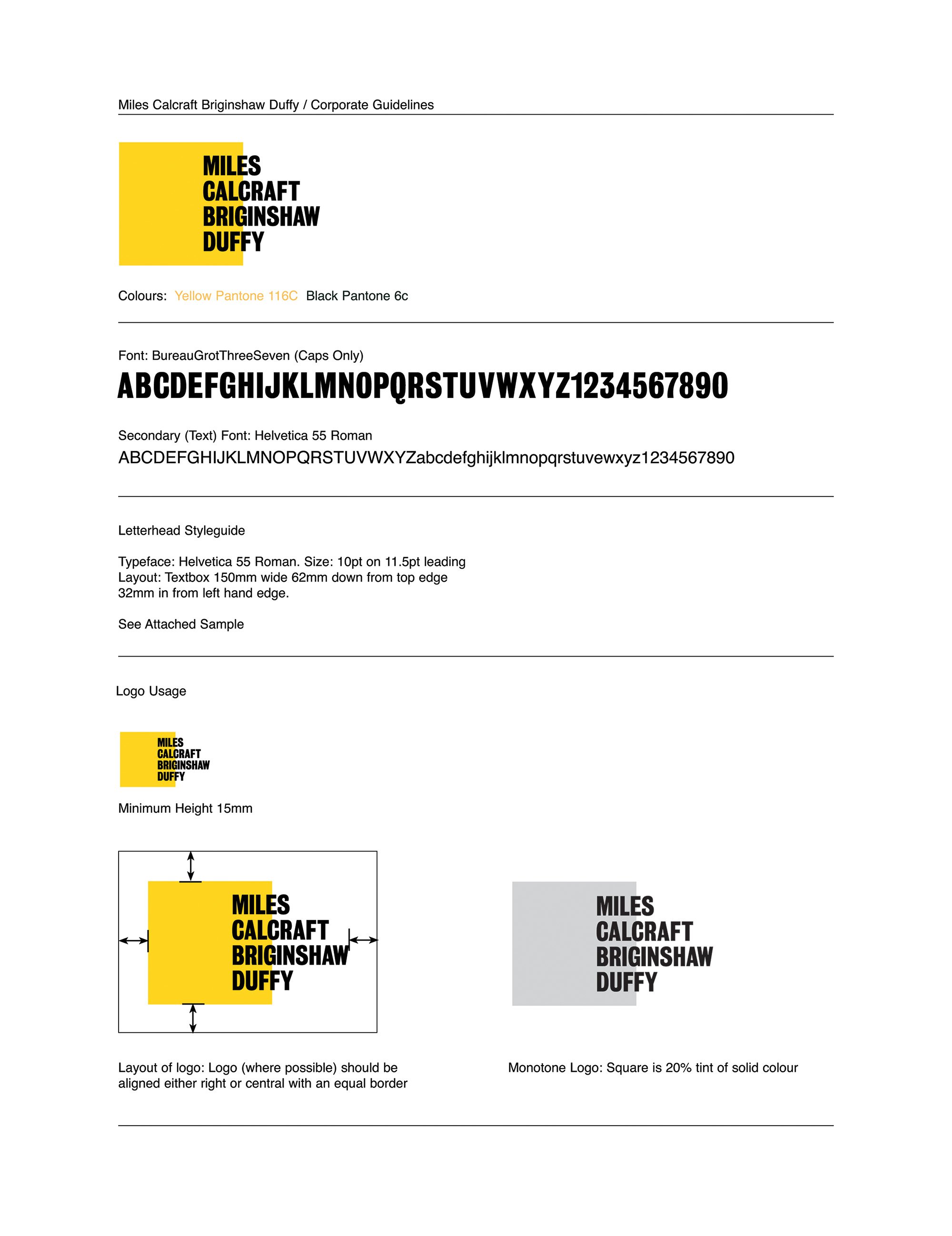 Branding guidelines document showing logo design with yellow and black colors, and grayscale version of the logo.