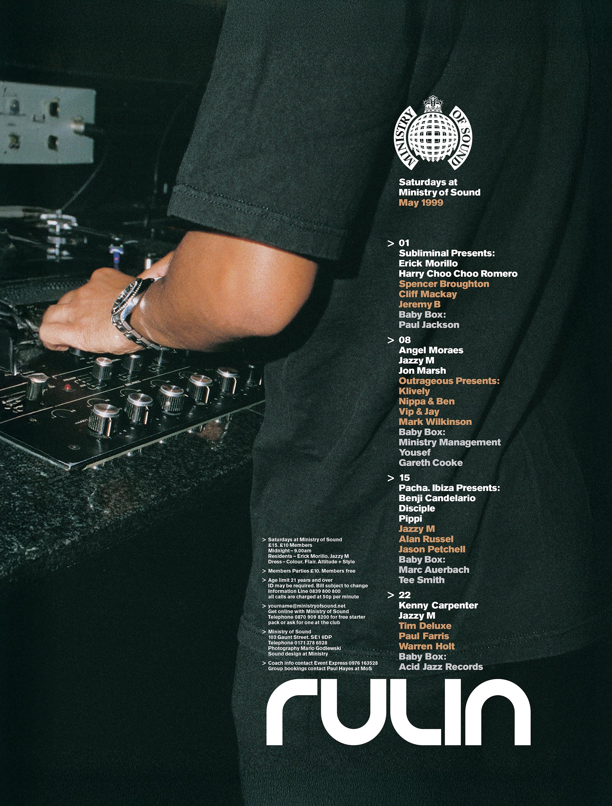 A person dressed in black playing a DJ mixer at an event titled 'Ministry of Sound' in May 1999, with event details and lineup listed on the right side.