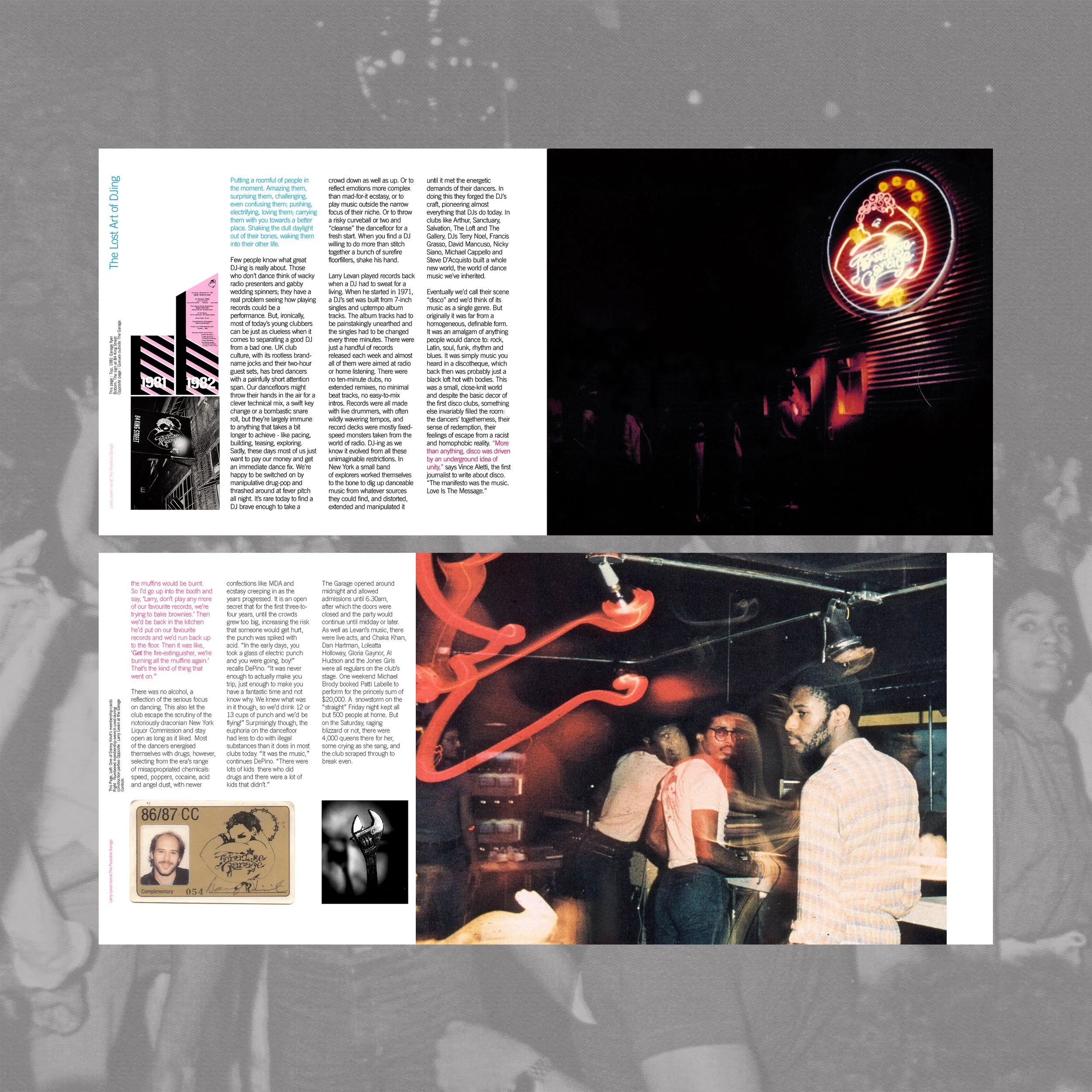 A two-page magazine spread featuring articles about music and nightlife, including neon signs, people socializing at a bar or club, and photographs of musicians and event memorabilia.