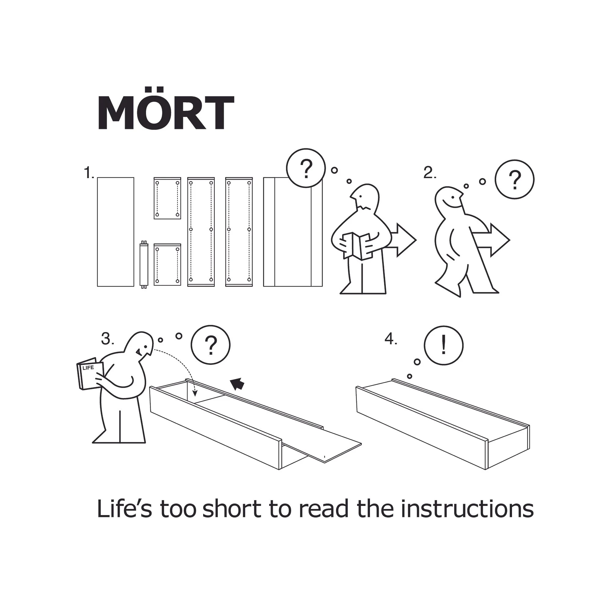 Diagram illustrating the sequence of reading a coffin, titled 'MÖRT,' showing different stages of when a person is too short to read the instructions, with a concluding statement 'Life's too short to read the instructions.'
