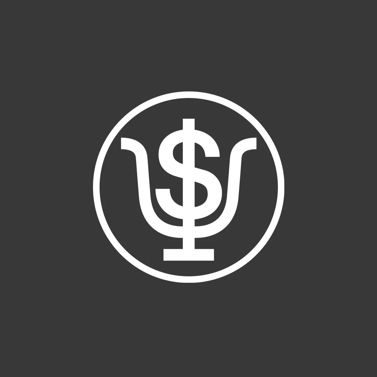 Icon with a dollar sign integrated into a currency symbol, inside a circle, on a dark background.