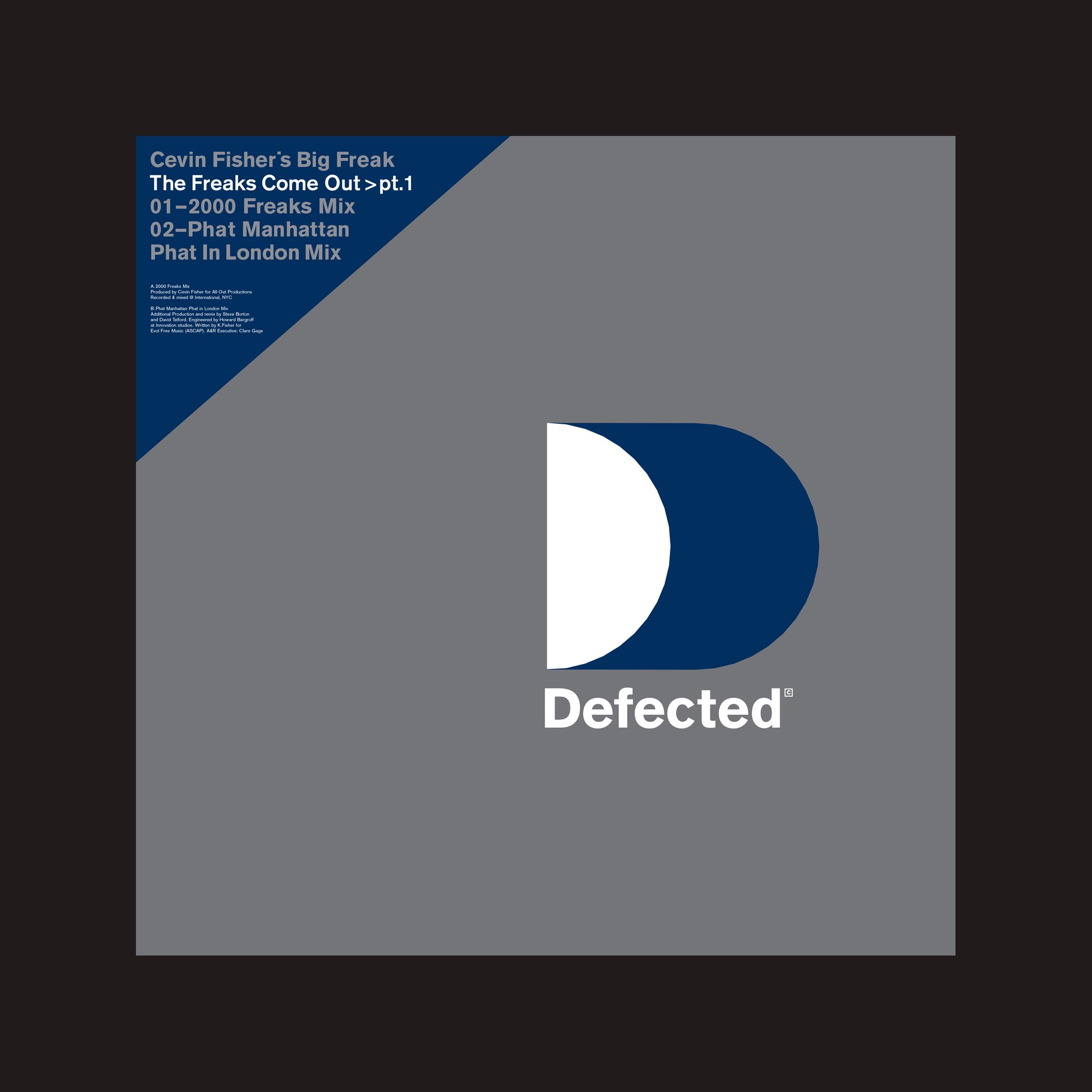 Music album cover with a large D shape in white and blue on a gray background, with the word 'Defected' below it. Additional text includes artist names and track details.