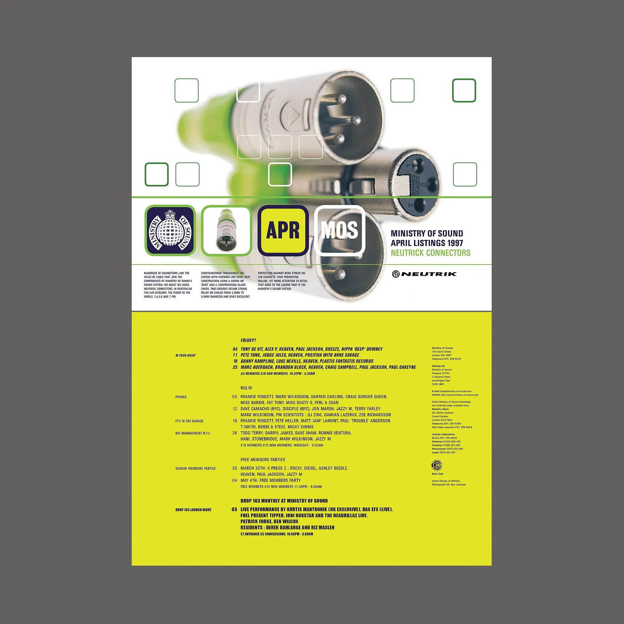 April 1997 music event flyer with close-up image of audio connectors and listing of performers and event details.