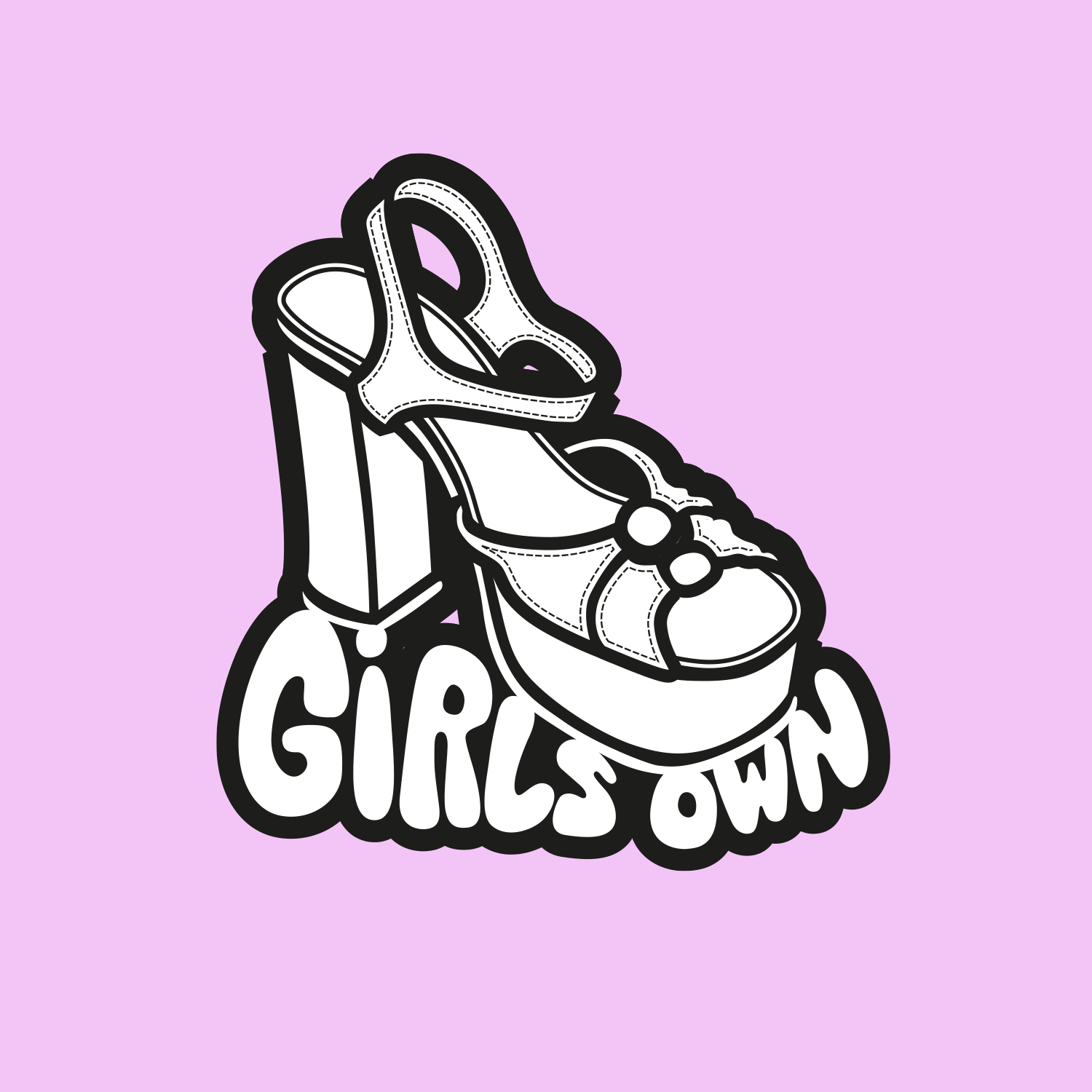 A black and white digital illustration of a high heel shoe with the words "GIRLS OWN" underneath, set against a light purple background.