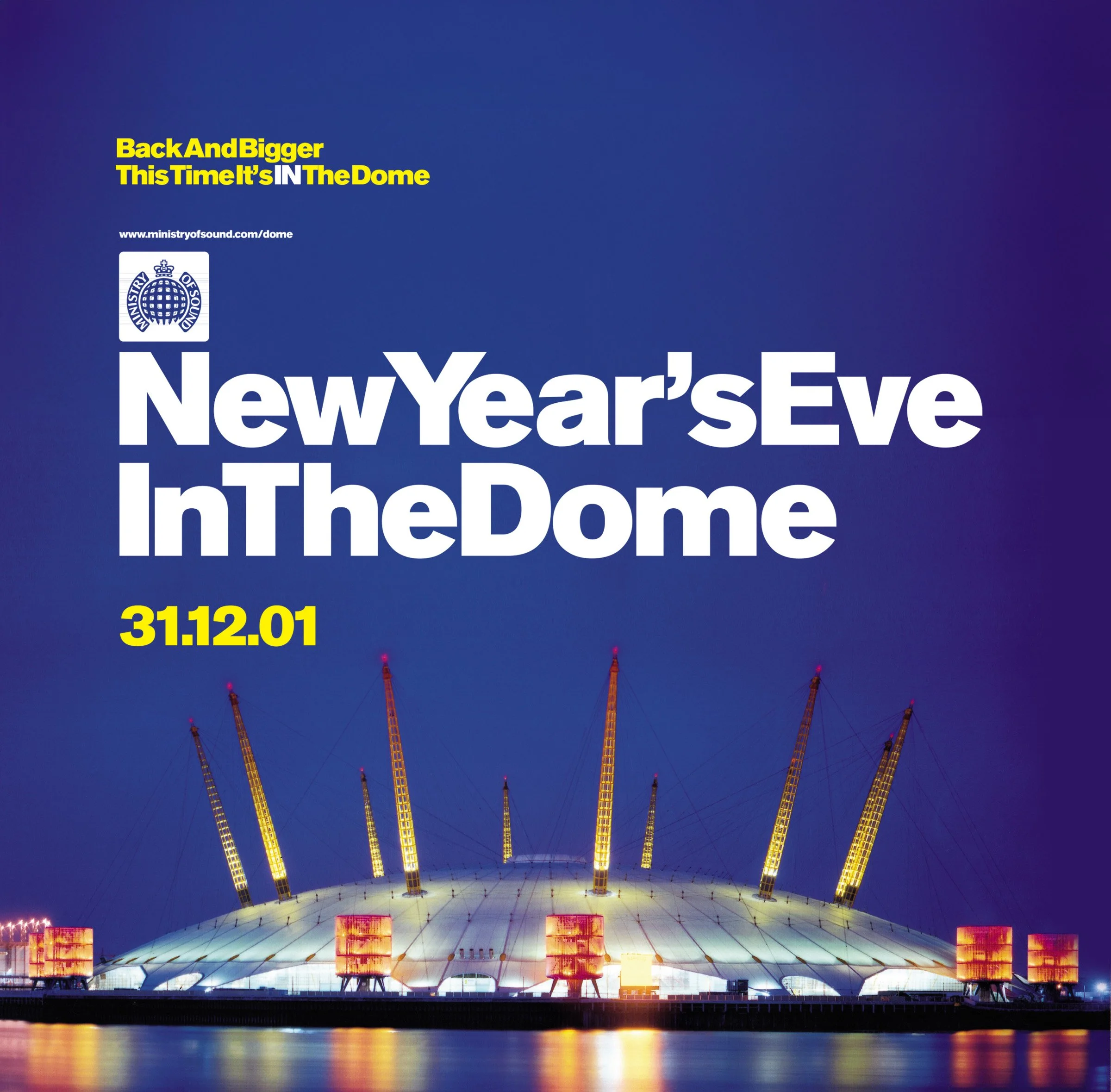 Promotional poster for New Year's Eve celebration at The Dome, featuring a lit-up dome structure with yellow supports against a night sky, with event date 31.12.01 displayed in yellow.